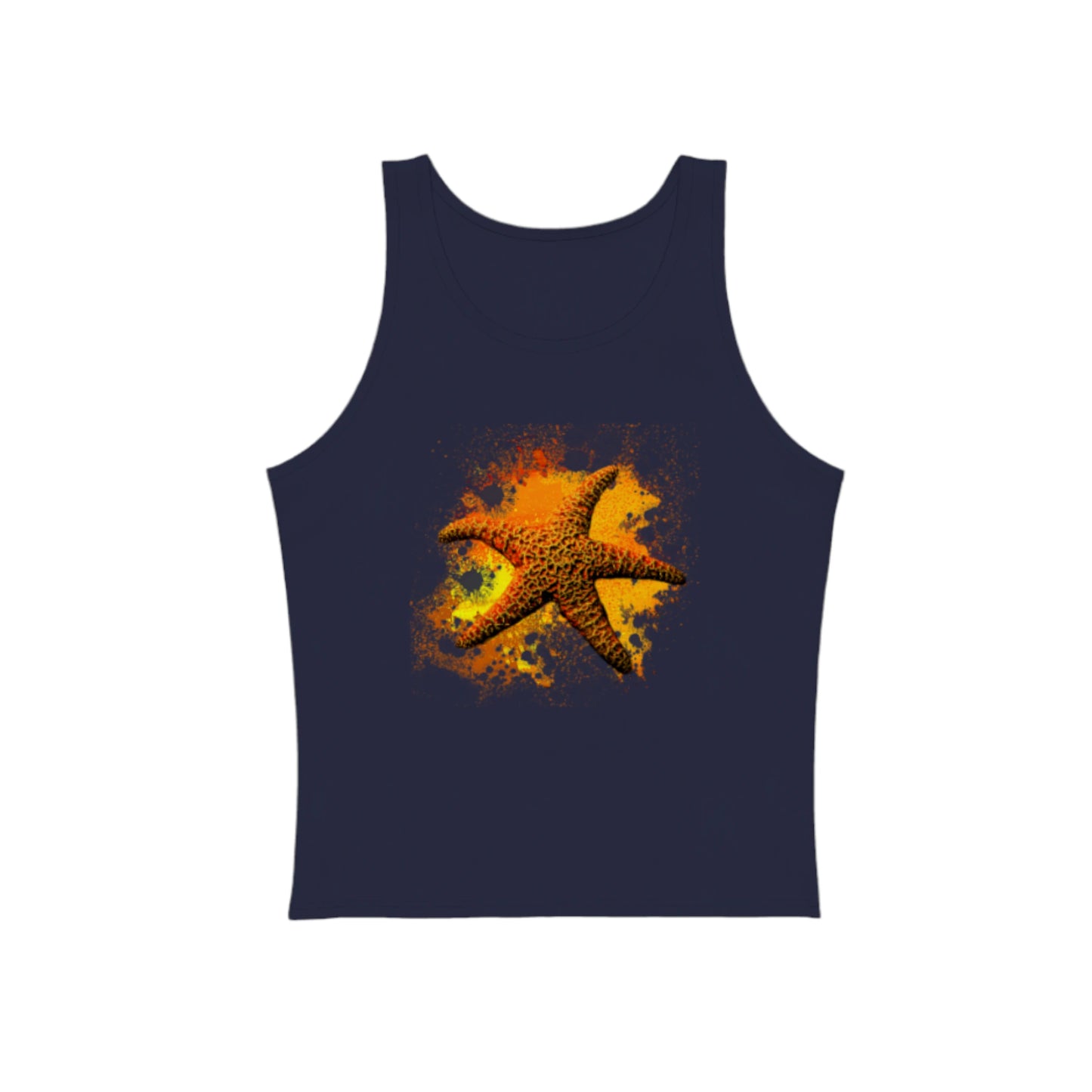 Starfish Orange Premium Unisex Tank Top in navy.  the artwork on the front is of a orange starfish on the beach.  The bright colour is an orange and red abstract of colour.  by van isle goddess dot com