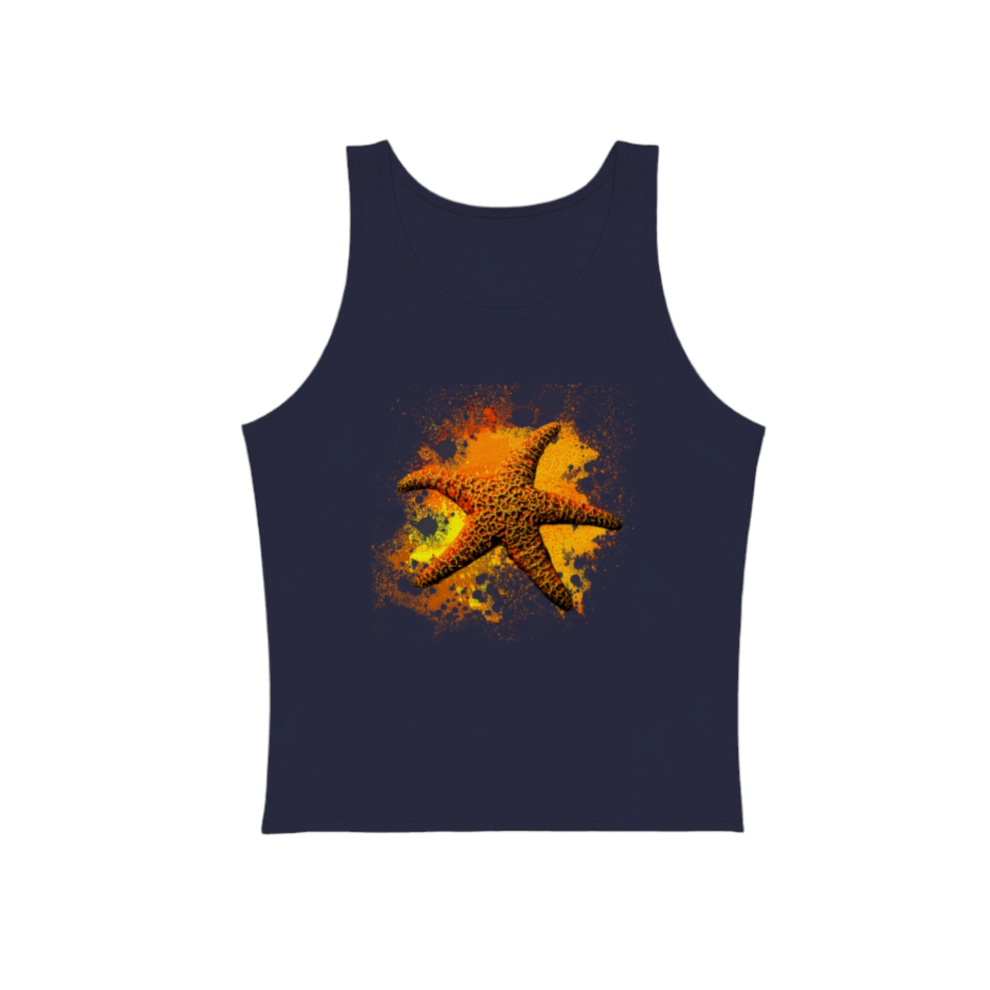 Starfish Orange Premium Unisex Tank Top in navy.  the artwork on the front is of a orange starfish on the beach.  The bright colour is an orange and red abstract of colour.  by van isle goddess dot com