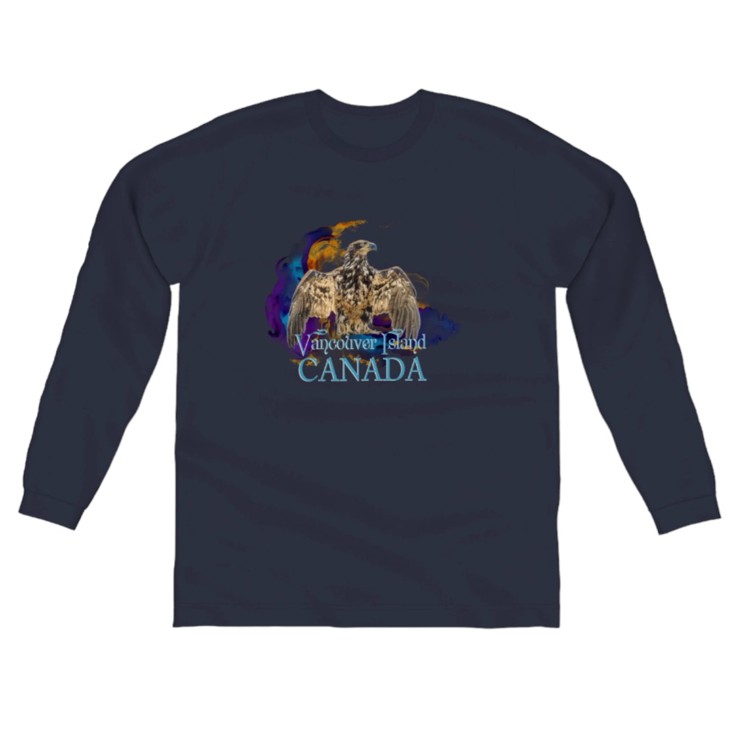 Thunderbird Vancouver Island Canada Comfort Long Sleeve Unisex T-shirt. the image on the front of the shirt is of an eagle in the thunderbird position.  A colorful abstract is behind the eagle. by van isle goddess dot com