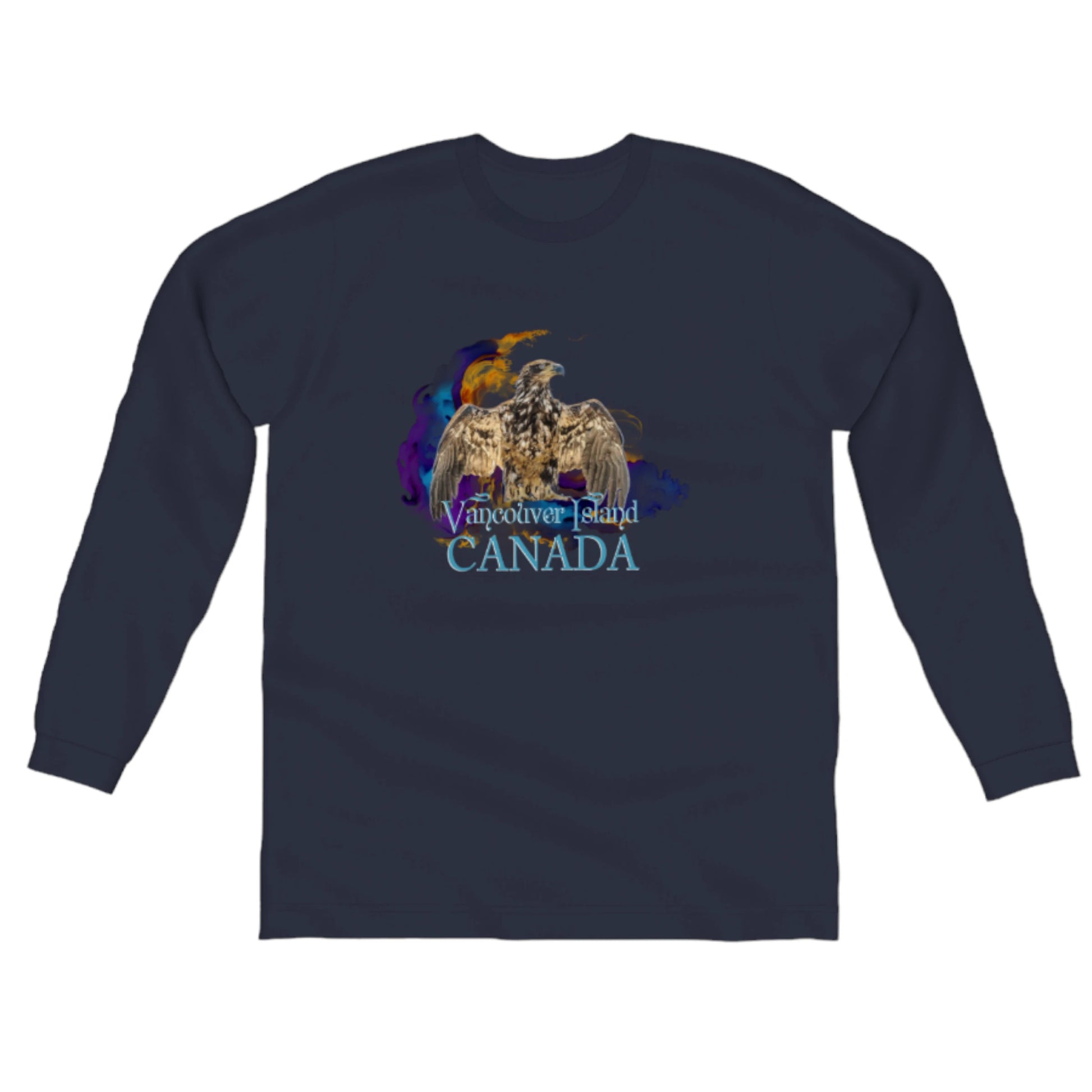 Thunderbird Vancouver Island Canada Comfort Long Sleeve Unisex T-shirt. the image on the front of the shirt is of an eagle in the thunderbird position.  A colorful abstract is behind the eagle. by van isle goddess dot com