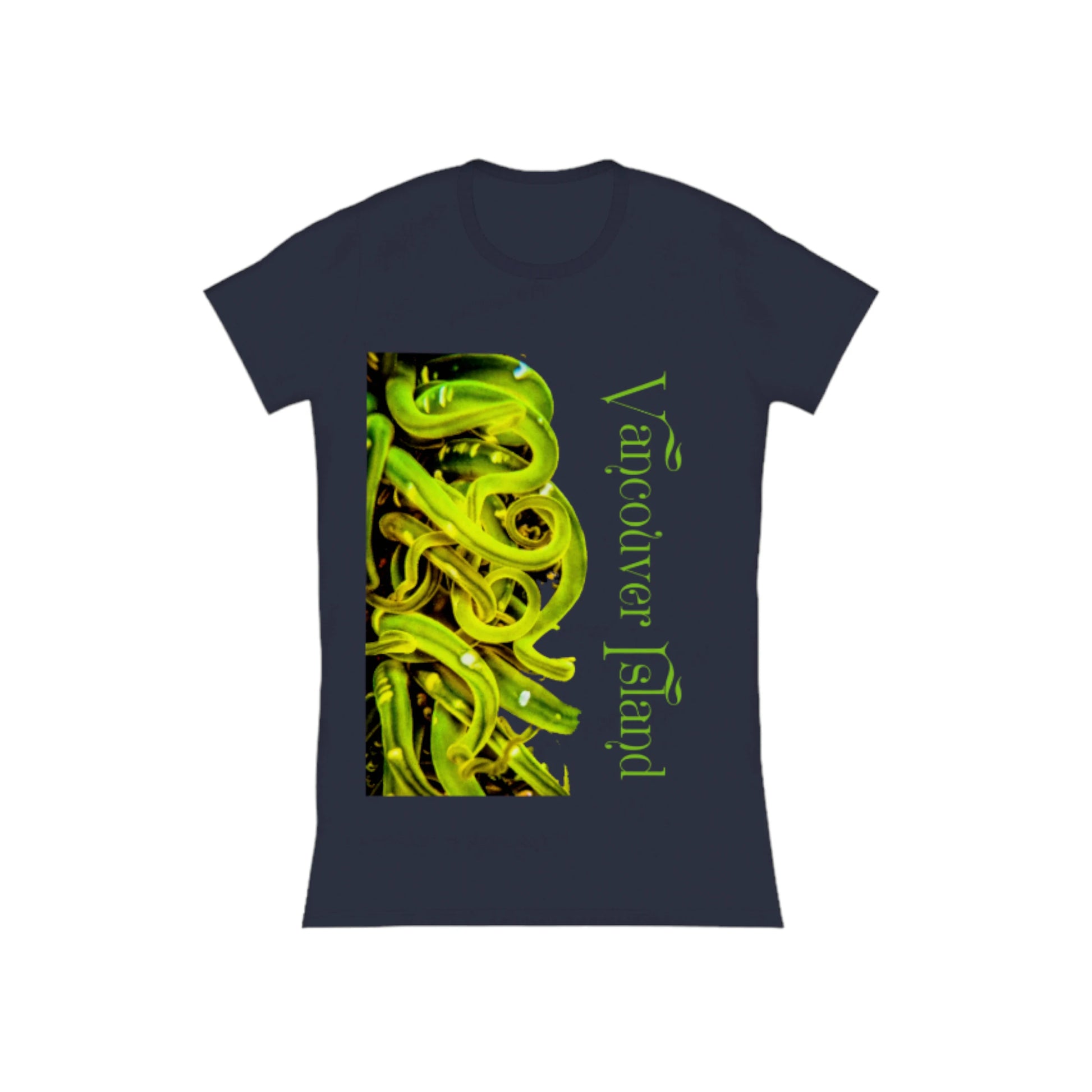 Vancouver Island Sea Anemone Comfort Slim Fit T-shirt. The image is of a green sea anemone under water .  The words read Vancouver Island