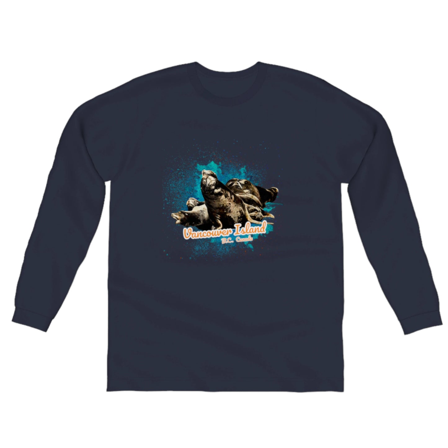 What's Up? Sea Lions Vancouver Island BC Canada Comfort Long Sleeve Unisex T-Shirt. The image on the front of the shirt is of a group of curious sea lions on a log raft. by van isle goddess dot com