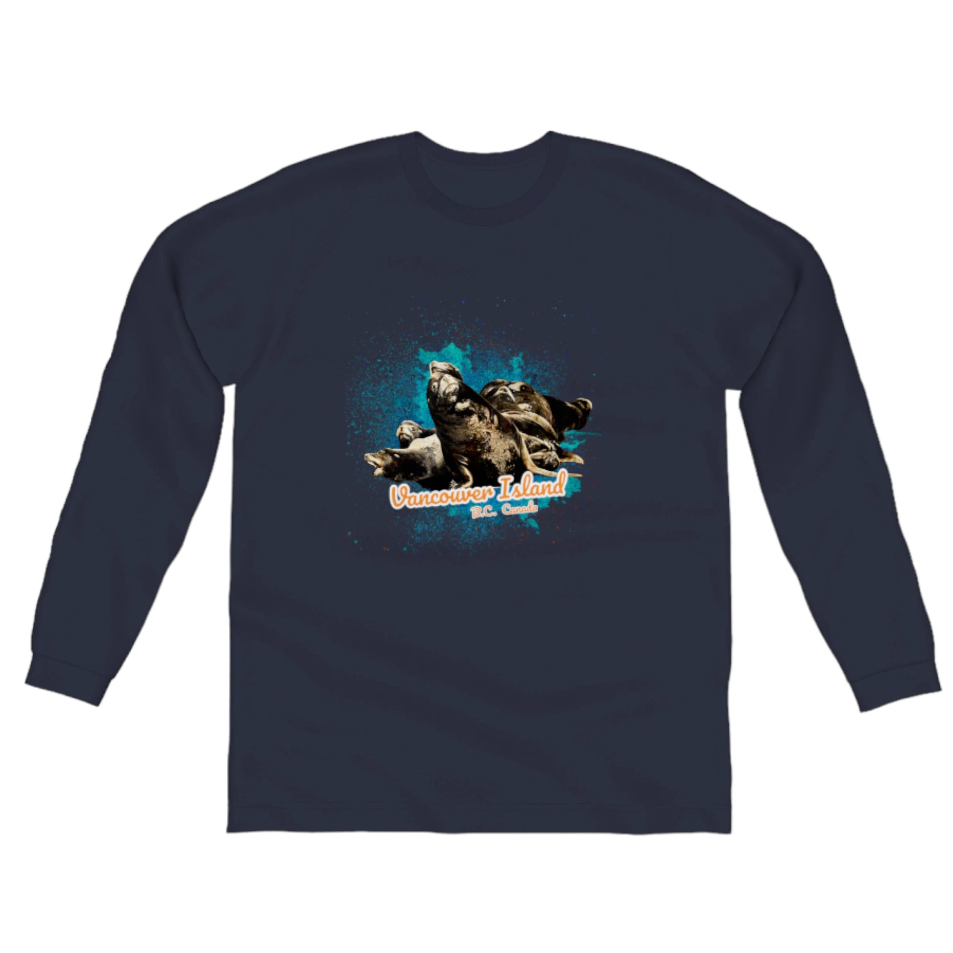 What's Up? Sea Lions Vancouver Island BC Canada Comfort Long Sleeve Unisex T-Shirt. The image on the front of the shirt is of a group of curious sea lions on a log raft. by van isle goddess dot com