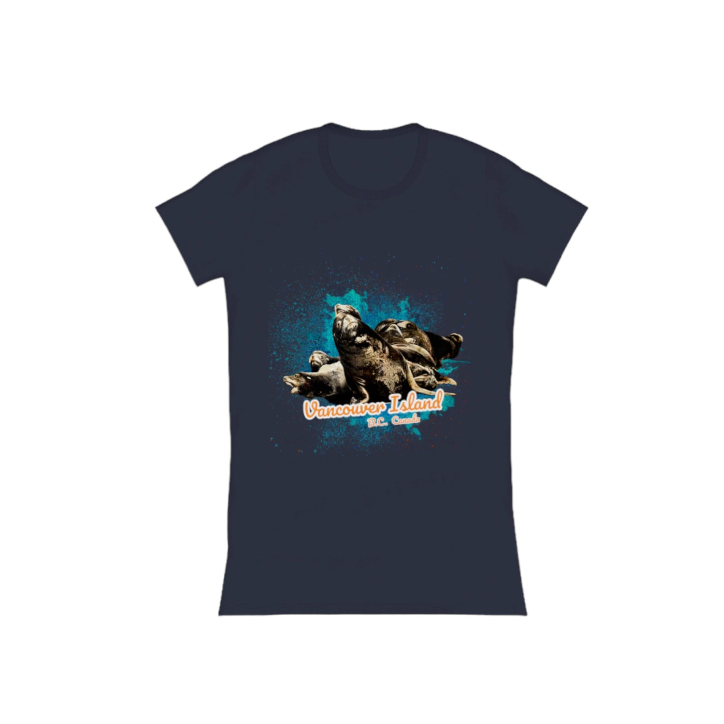 What's Up? Sea Lions Vancouver Island BC Canada Comfort Slim Fit T-shirt. The image is of a group of sea lions on a log raft.  The words read Vancouver Island BC Canada