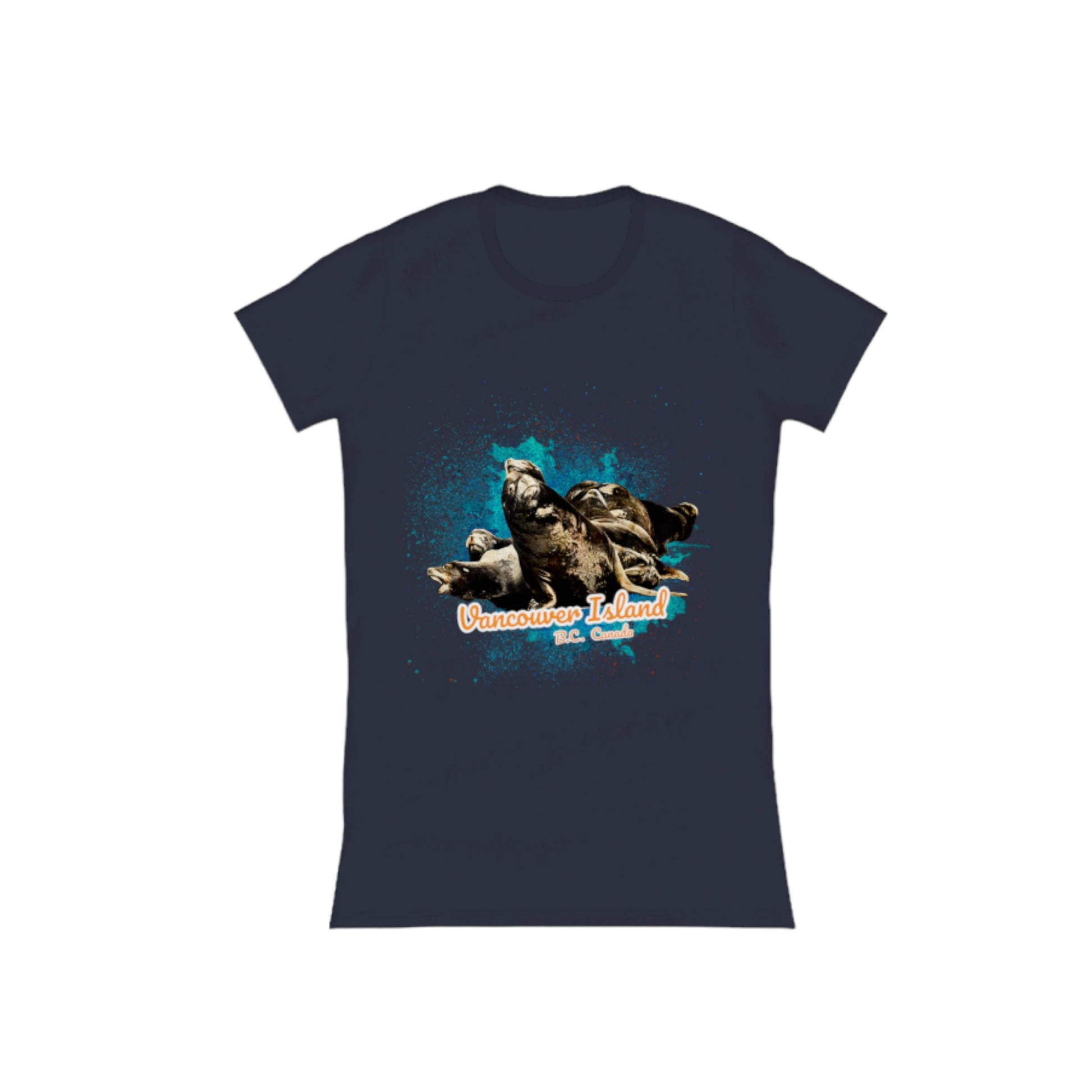 What's Up? Sea Lions Vancouver Island BC Canada Comfort Slim Fit T-shirt. The image is of a group of sea lions on a log raft.  The words read Vancouver Island BC Canada