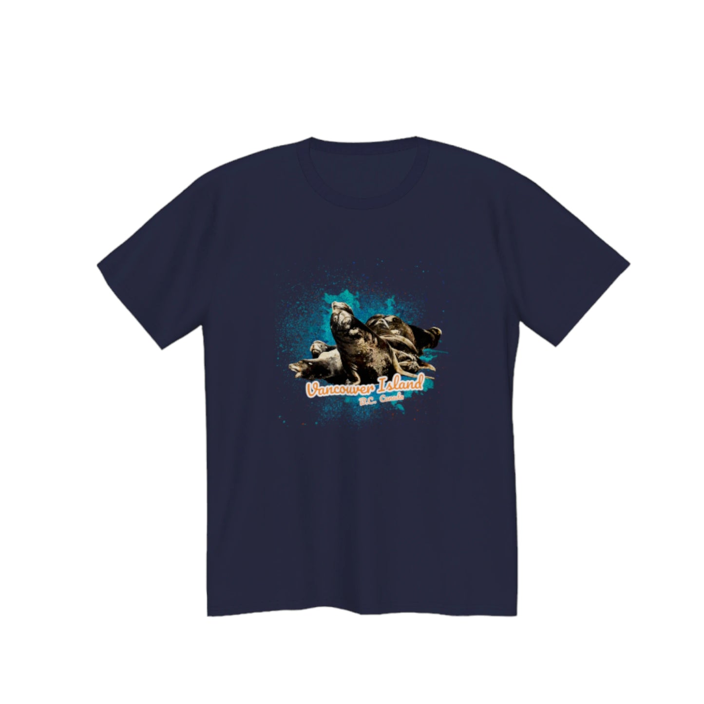 What's Up? Sea Lions Vancouver Island, BC Canada Premium Unisex T-shirt.  The image on the front is of a group of sea lions on a log raft.  by van isle goddess dot com