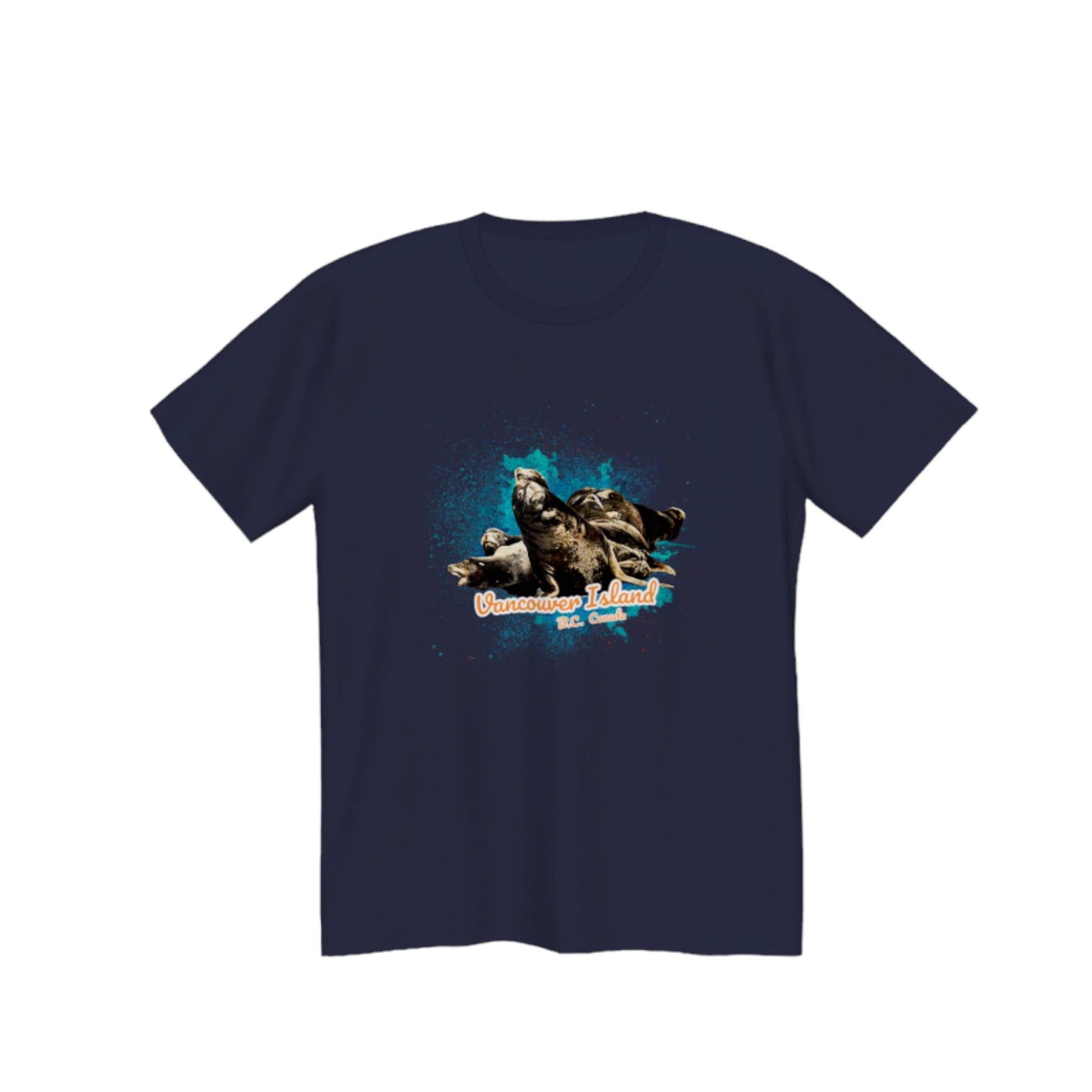 What's Up? Sea Lions Vancouver Island, BC Canada Premium Unisex T-shirt.  The image on the front is of a group of sea lions on a log raft.  by van isle goddess dot com