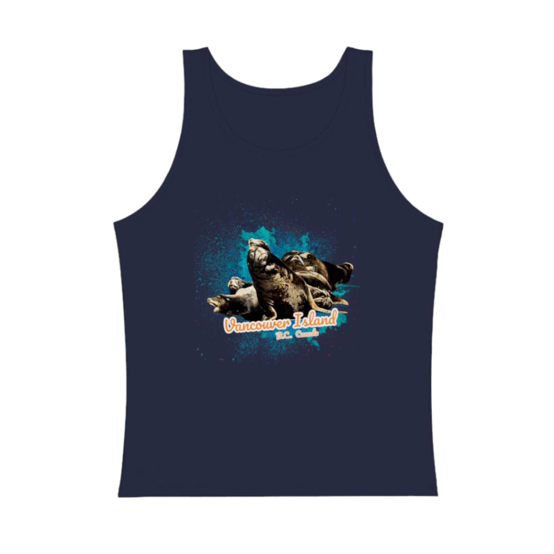 what's up sea lions vancouver island BC Canada premium unisex tank top .  the image is of a group of fun and curious sea lions.  by van isle goddess dot com