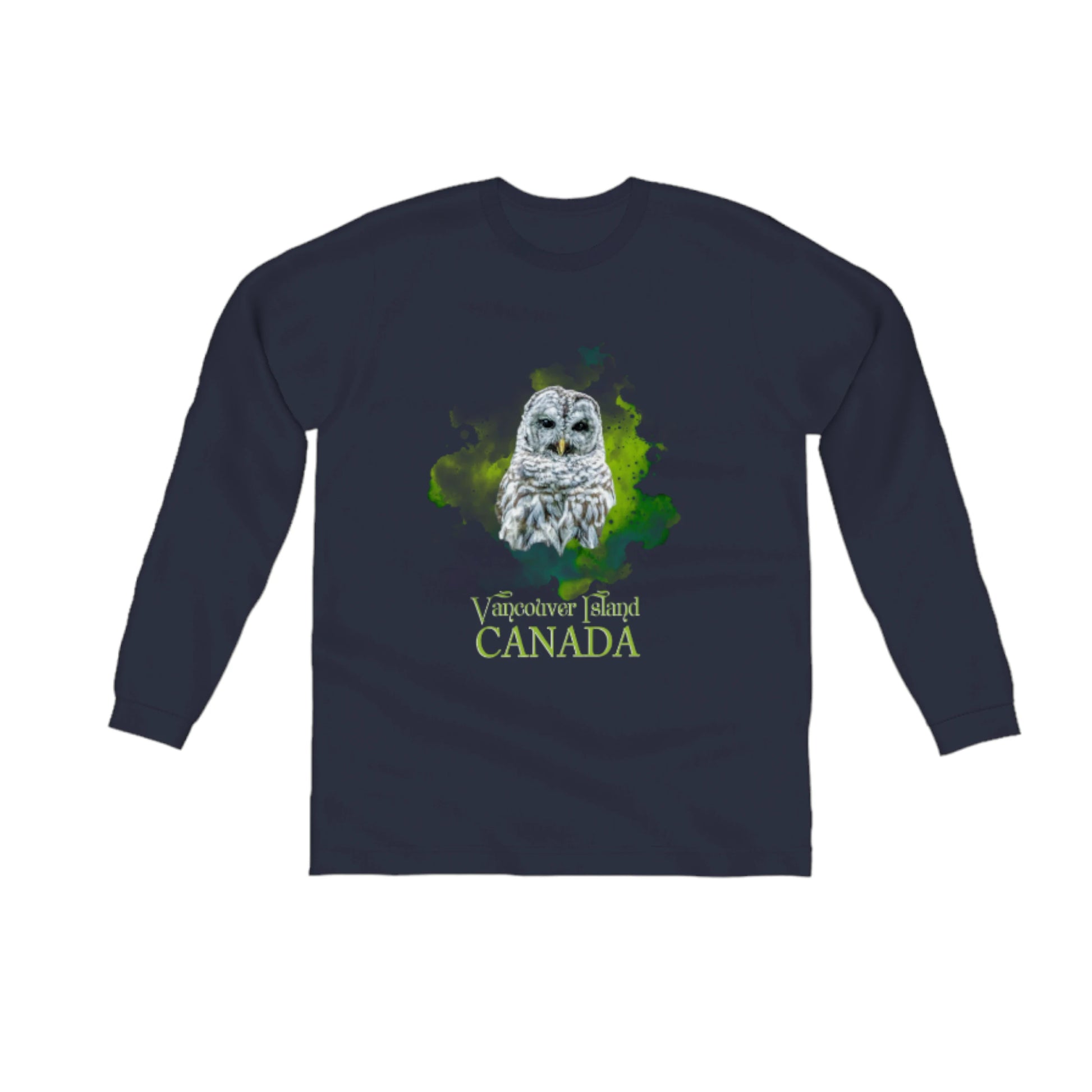 Wise Owl Vancouver Island Canada Comfort Long Sleeve Unisex T-shirt. The image on the front of the shirt is of a barred owl with a green abstract of colours behind it.  the words on the t shirt read Vancouver Island Canada in green.  by van isle goddess dot com
