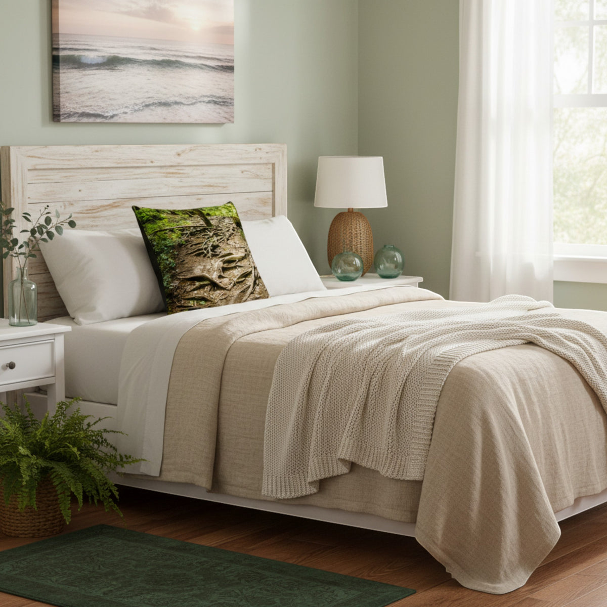 A styled bed in a bedroom setting with a white wooden headboard, white bedding, a beige knit throw blanket, and a decorative forest-patterned accent pillow. The room features sage green walls, a window with white curtains, a bedside table with a lamp, and a green rug on the wooden floor.