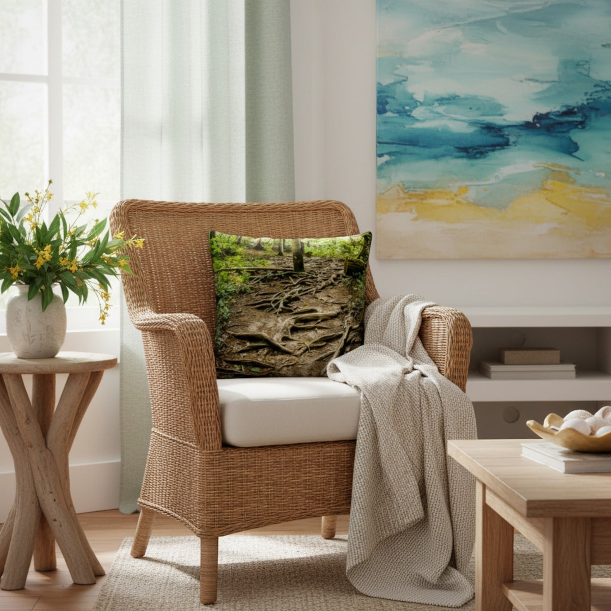A square decorative throw pillow featuring a detailed forest floor scene with tree roots, styled on a wicker armchair in a bright, modern living room.