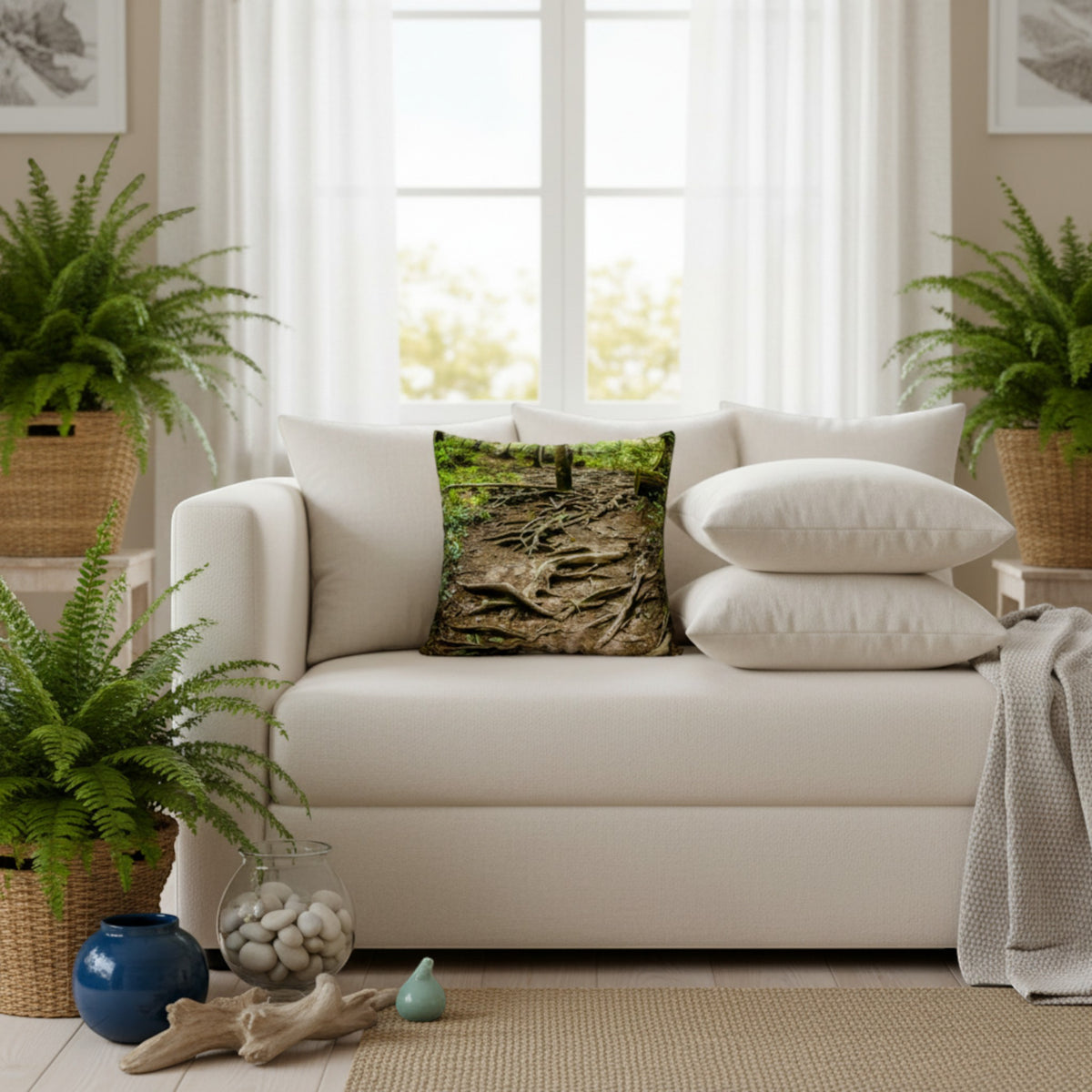 A square throw pillow featuring a realistic forest floor print with tree roots and moss, styled on a cream-colored sofa in a bright, modern living room with potted ferns.