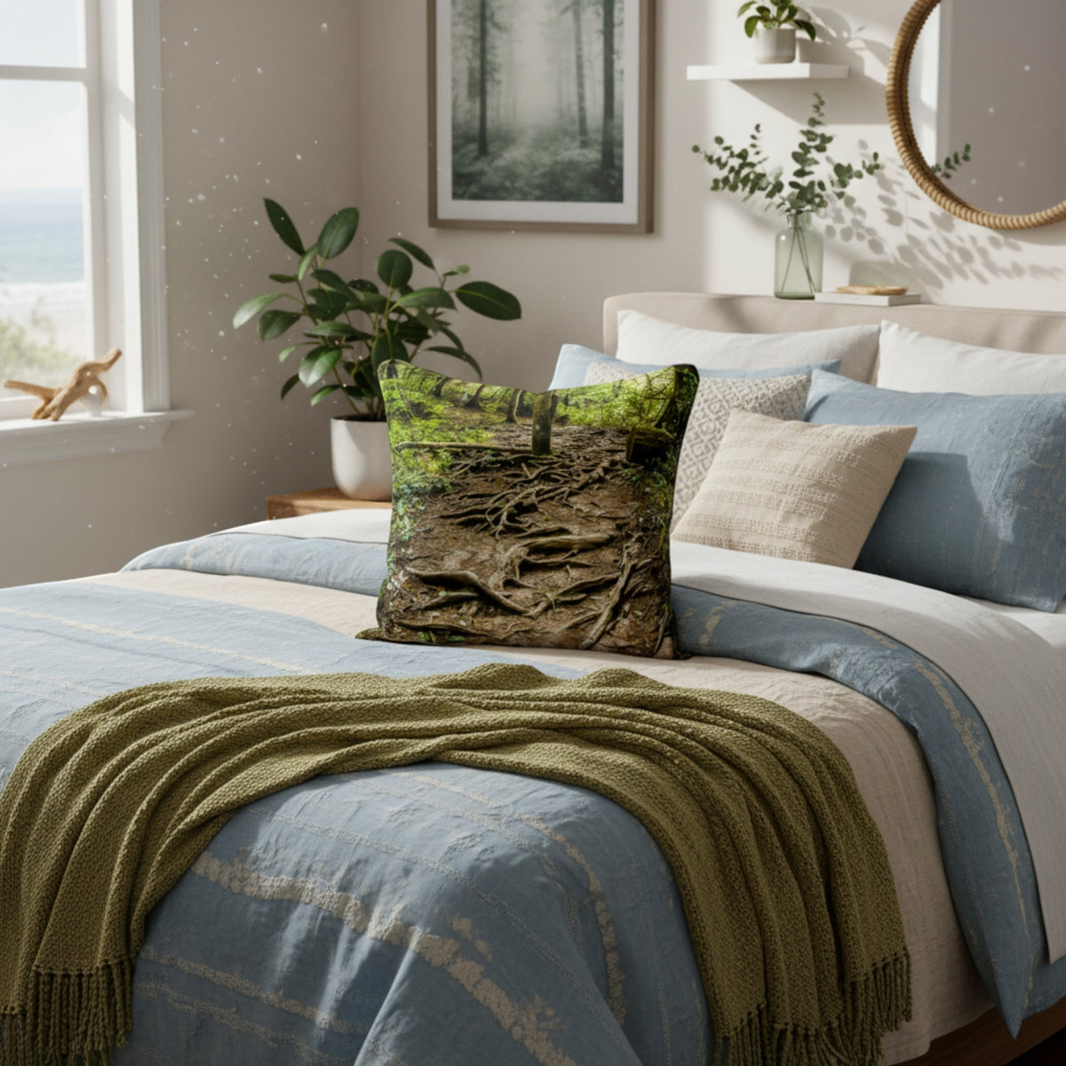 A styled bedroom scene with a bed made up in light blue and white bedding, a green throw blanket, and a square decorative pillow featuring a forest floor tree-root print. The room includes a window, plants, wall art, and shelves.