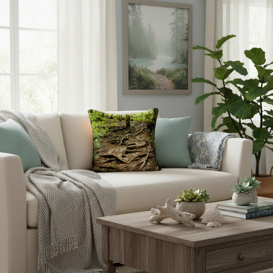 A square throw pillow featuring a detailed forest floor and root pattern, styled on a cream sofa in a bright, modern living room.