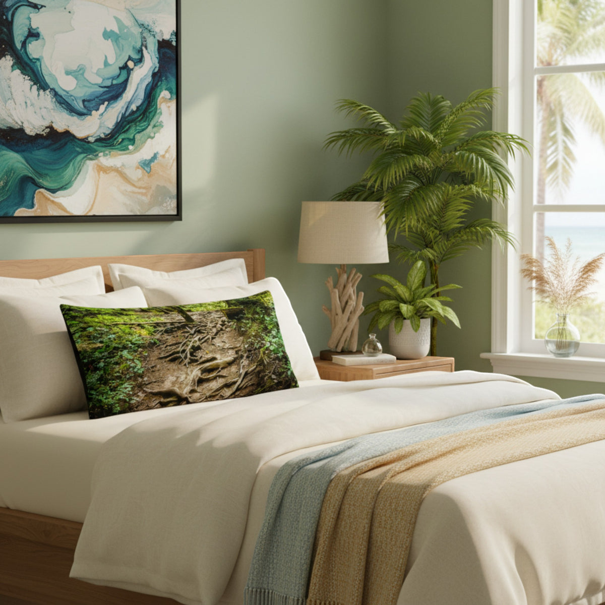 A rectangular decorative pillow with a detailed forest floor and tree root print, styled on a bed in a beautifully decorated bedroom with a green wall, plants, and a window.
