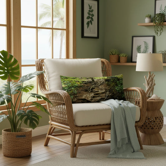 A wicker armchair with cream cushions in a styled tropical living room, featuring a mossy green and brown bark-patterned throw pillow and a light blue throw blanket.