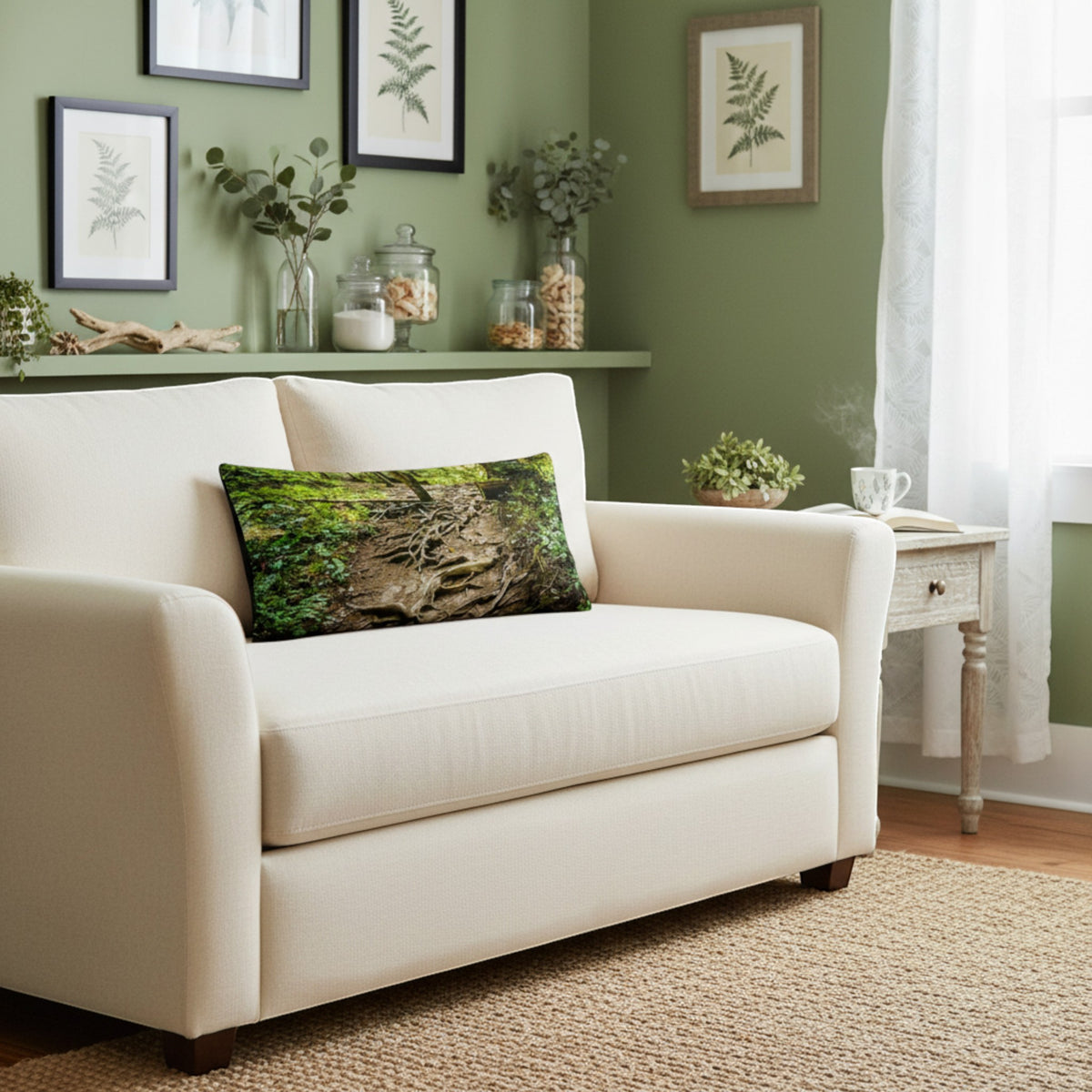A cream-colored loveseat sofa in a styled living room, featuring a rectangular throw pillow with a detailed forest and rock print.
