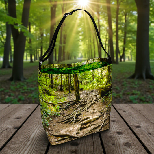 Glass container with forest design on a wooden surface in a forest setting
