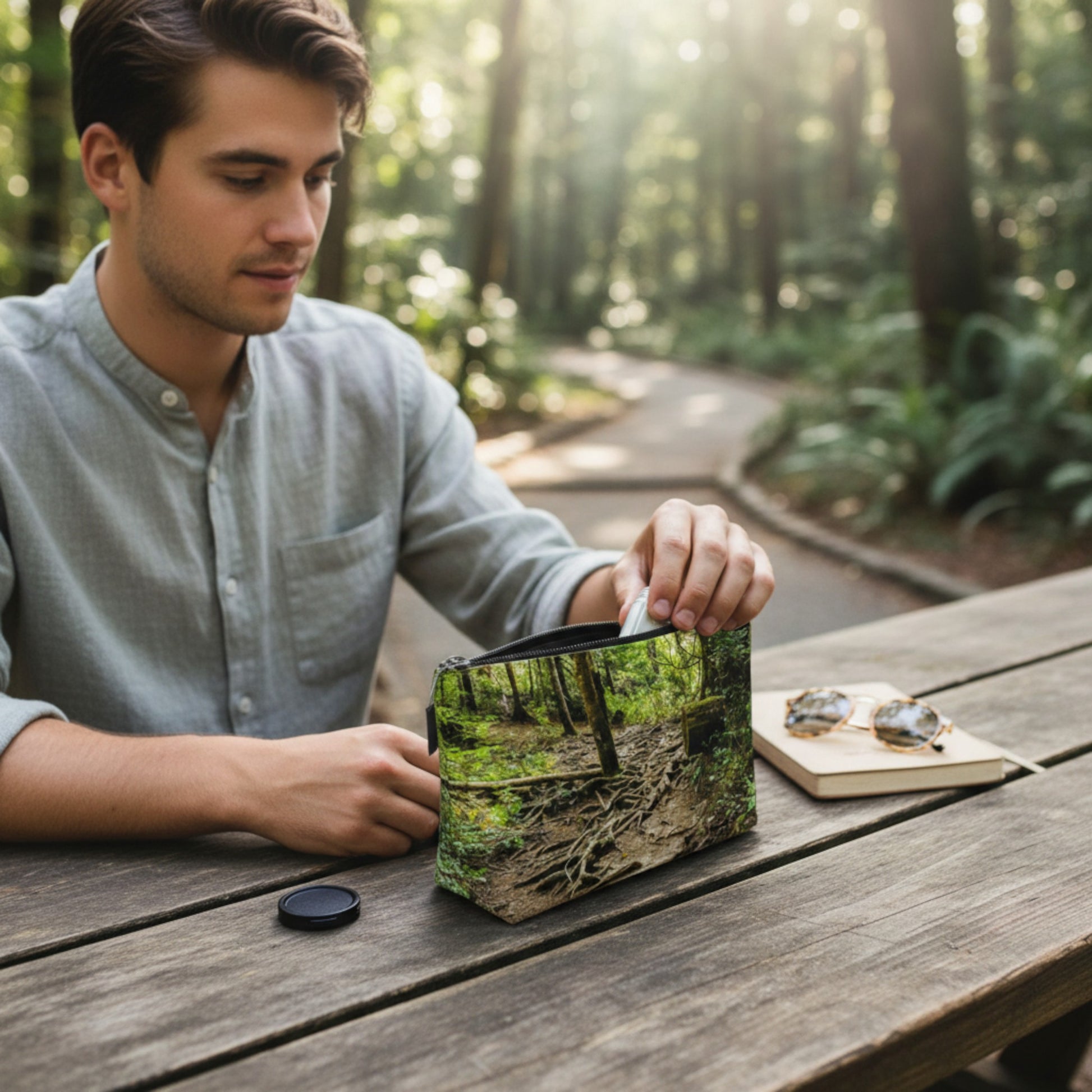 Man sitting at a wooden table in a forest, holding a camouflage-patterned pouch.