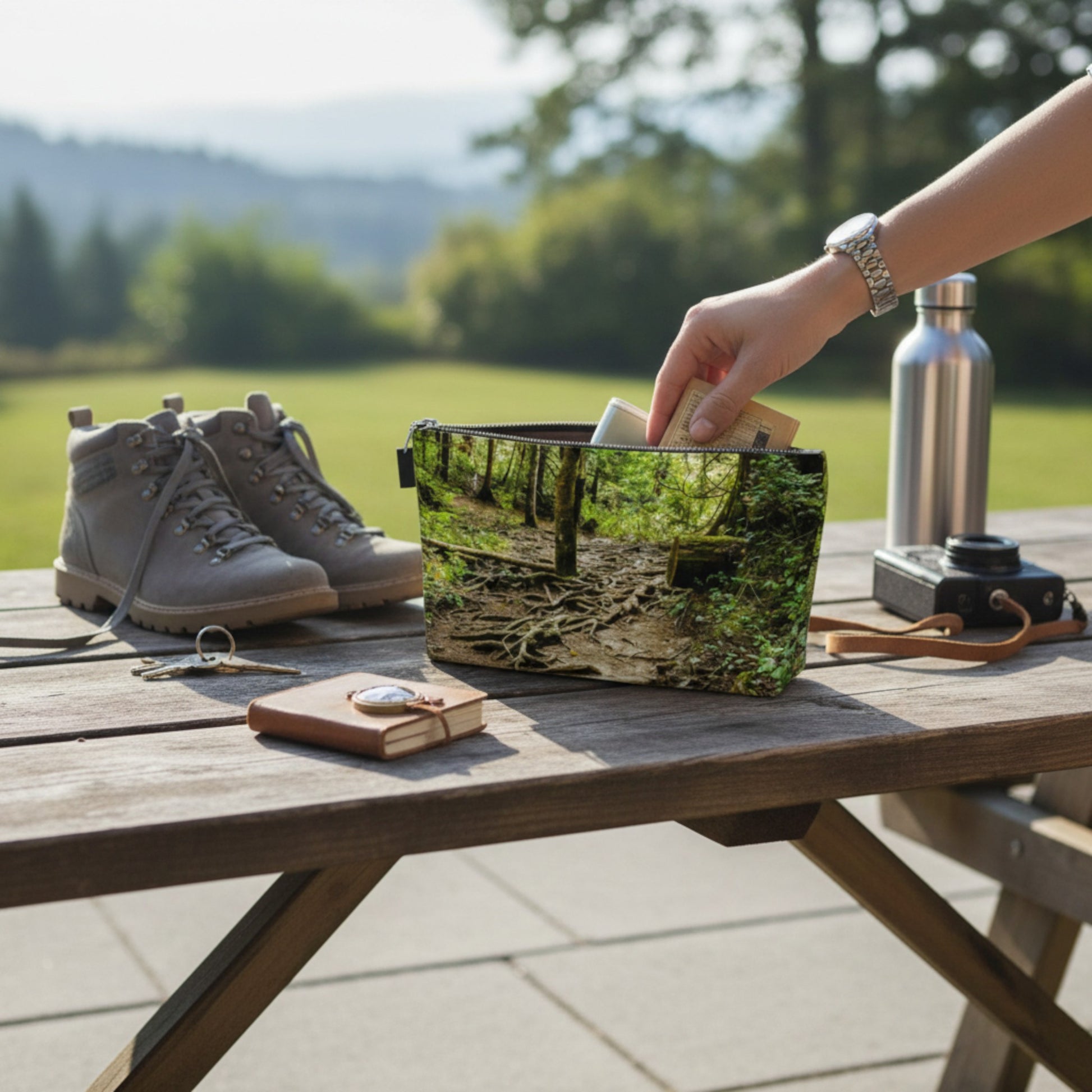 Person reaching for a camouflage-patterned bag on a wooden table outdoors.