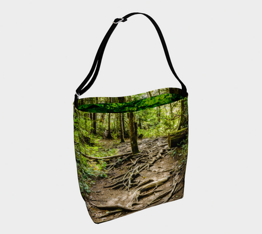 Nymph Falls Trail Neoprene Day Tote: Enchanting Forest Landscape Print Bag