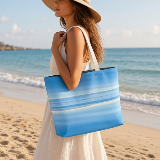 A woman on a sandy beach wearing a white dress and straw hat carries a large tote bag with a blue and white horizontal gradient stripe pattern.