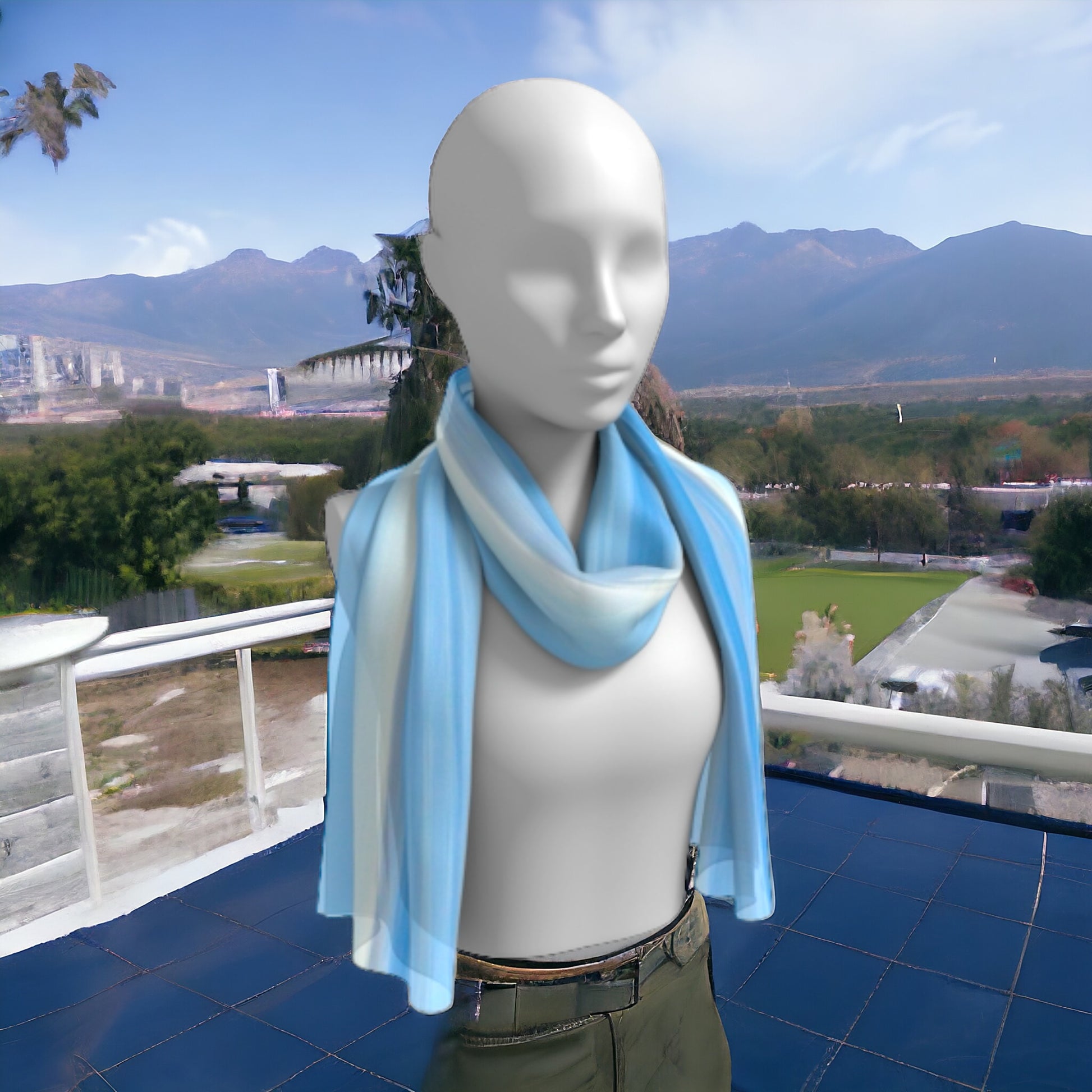 Ocean Blue Horizon long scarf is shown worn around the neck.