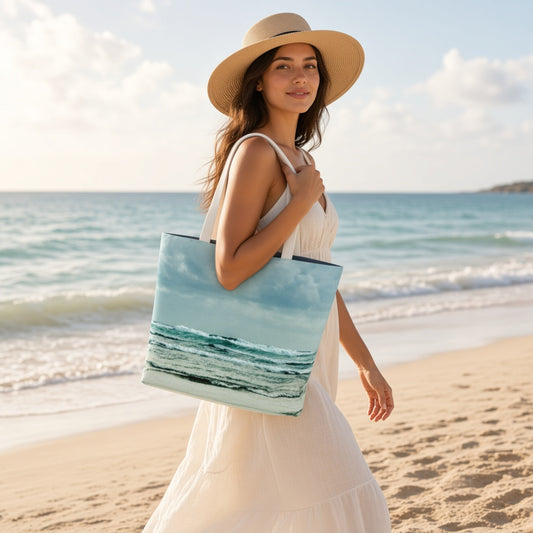 A woman in a white dress and straw hat walks on a sandy beach carrying a canvas tote bag printed with a blue ocean wave scene.