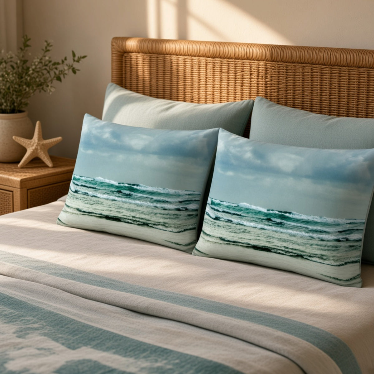 Two rectangular throw pillows with a blue and green ocean wave print, styled on a bed with a wicker headboard in a warm, sunlit bedroom.