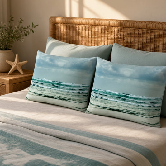 Two rectangular throw pillows with a blue and green ocean wave print, styled on a bed with a wicker headboard in a warm, sunlit bedroom.