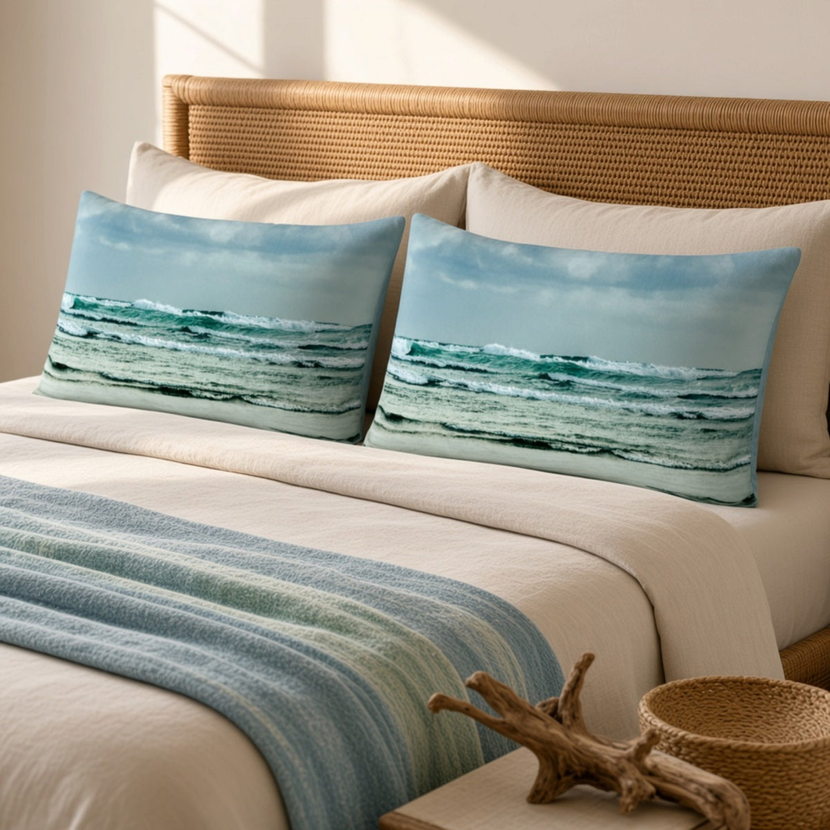 Two rectangular ocean-wave throw pillows displayed on a bed with cream bedding, a woven rattan headboard, and a blue striped blanket, with a small woven basket and driftwood in the foreground.