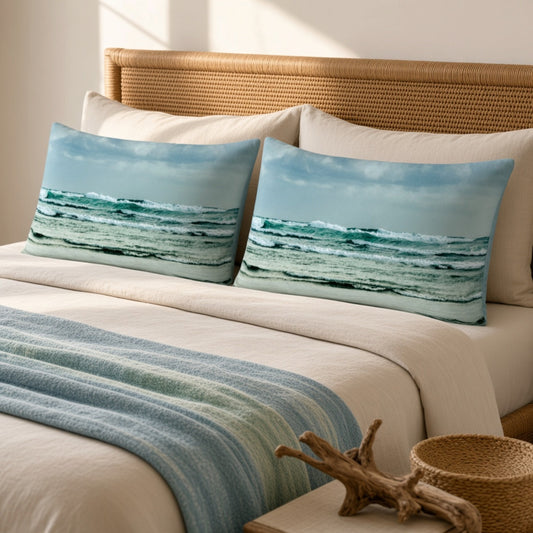 Two rectangular ocean-wave throw pillows displayed on a bed with cream bedding, a woven rattan headboard, and a blue striped blanket, with a small woven basket and driftwood in the foreground.