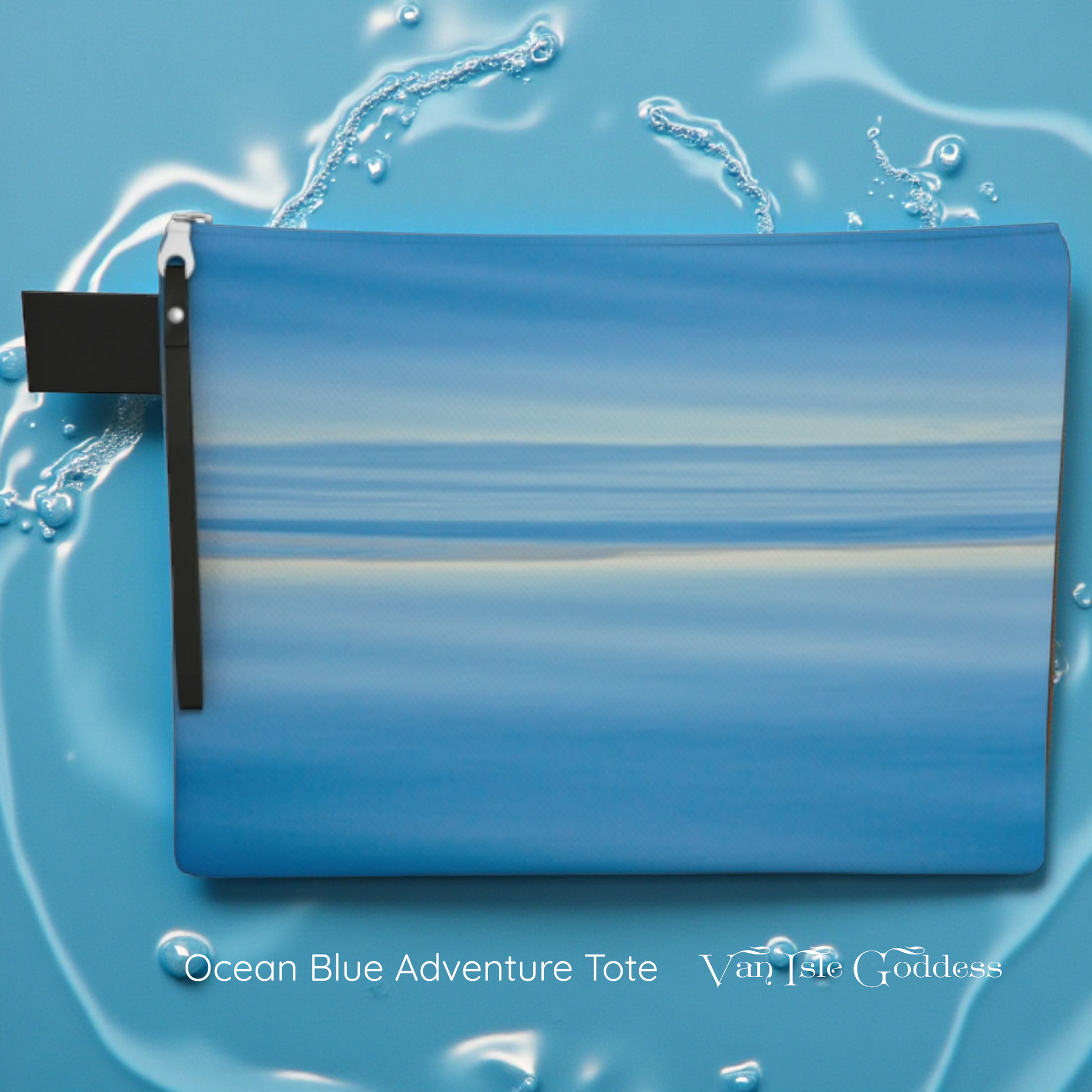 Blue tote bag with water splashes on a blue background, featuring 'Van Isle Goddess'.