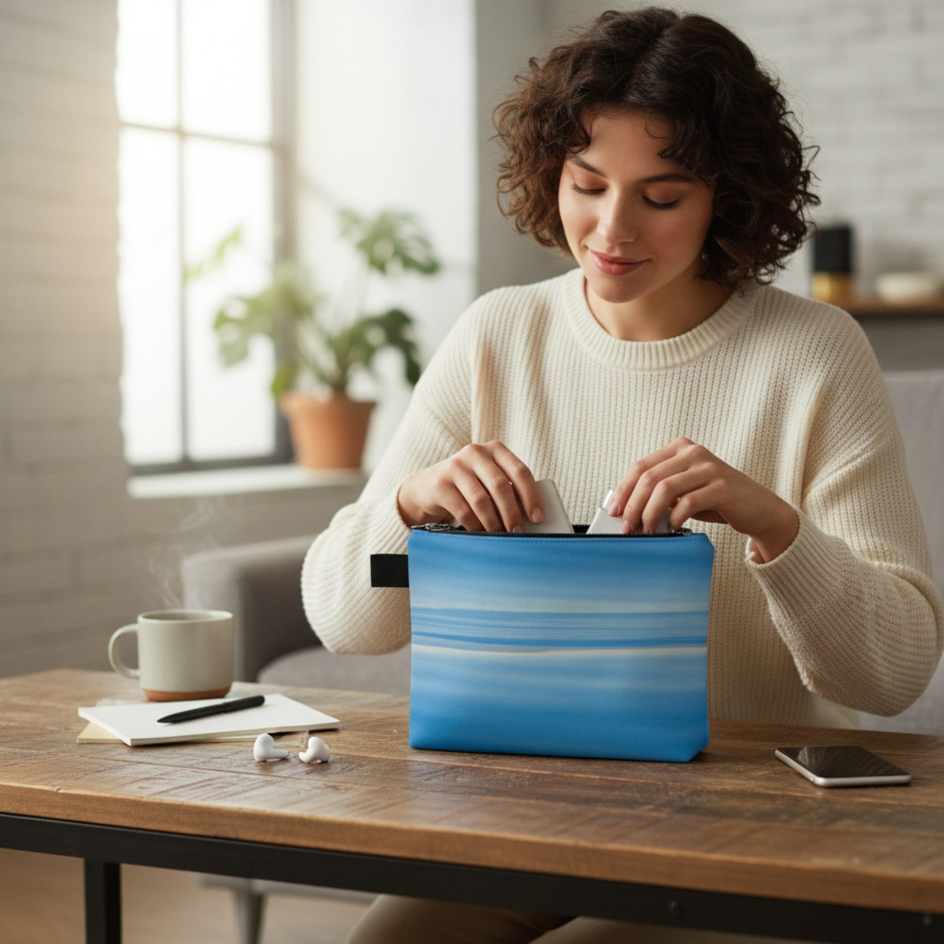 Woman sitting at a table with a Ocean blue and white adventure tote bag, a cup of coffee, and a phone.