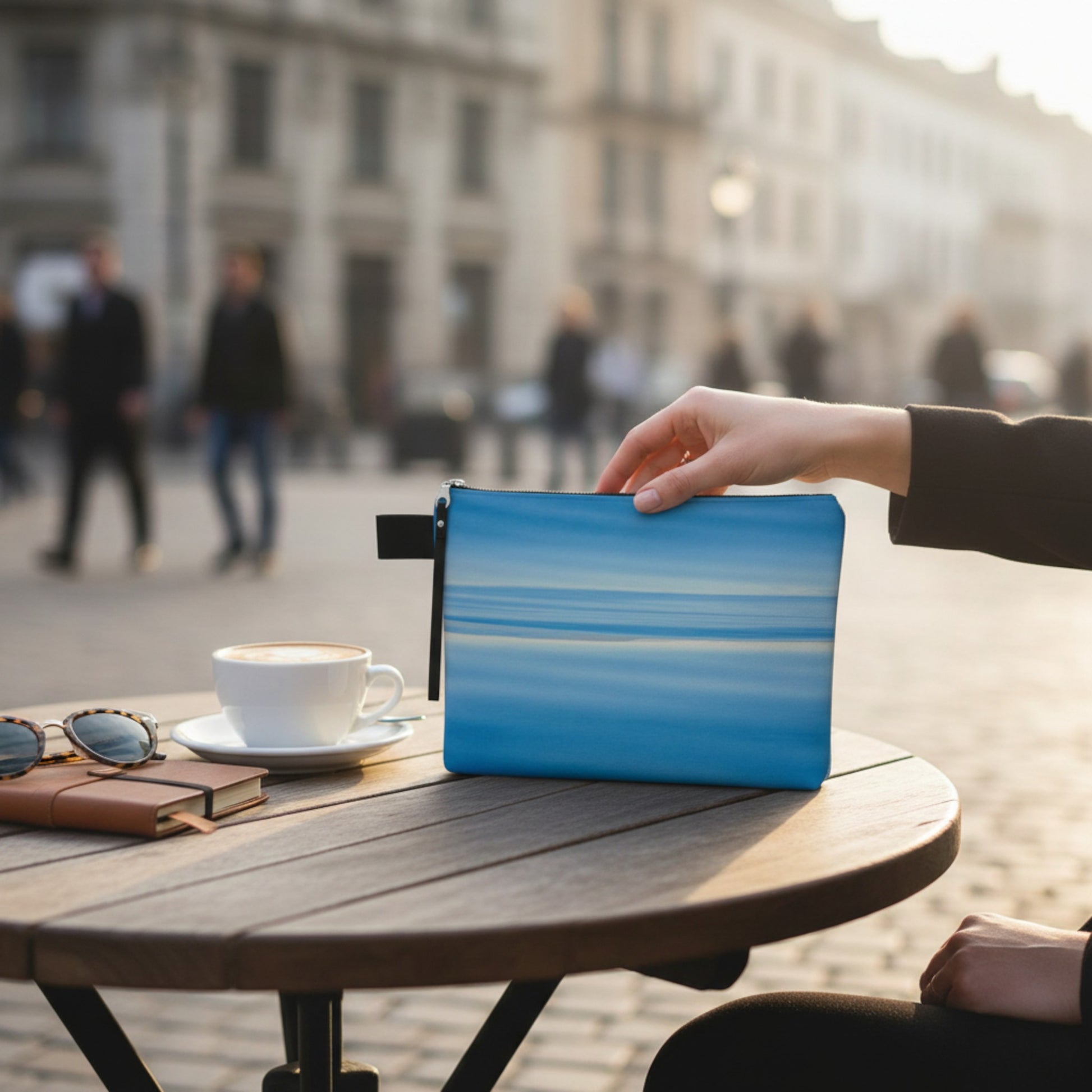 Person holding a blue pouch over a table with a cup of coffee and sunglasses.