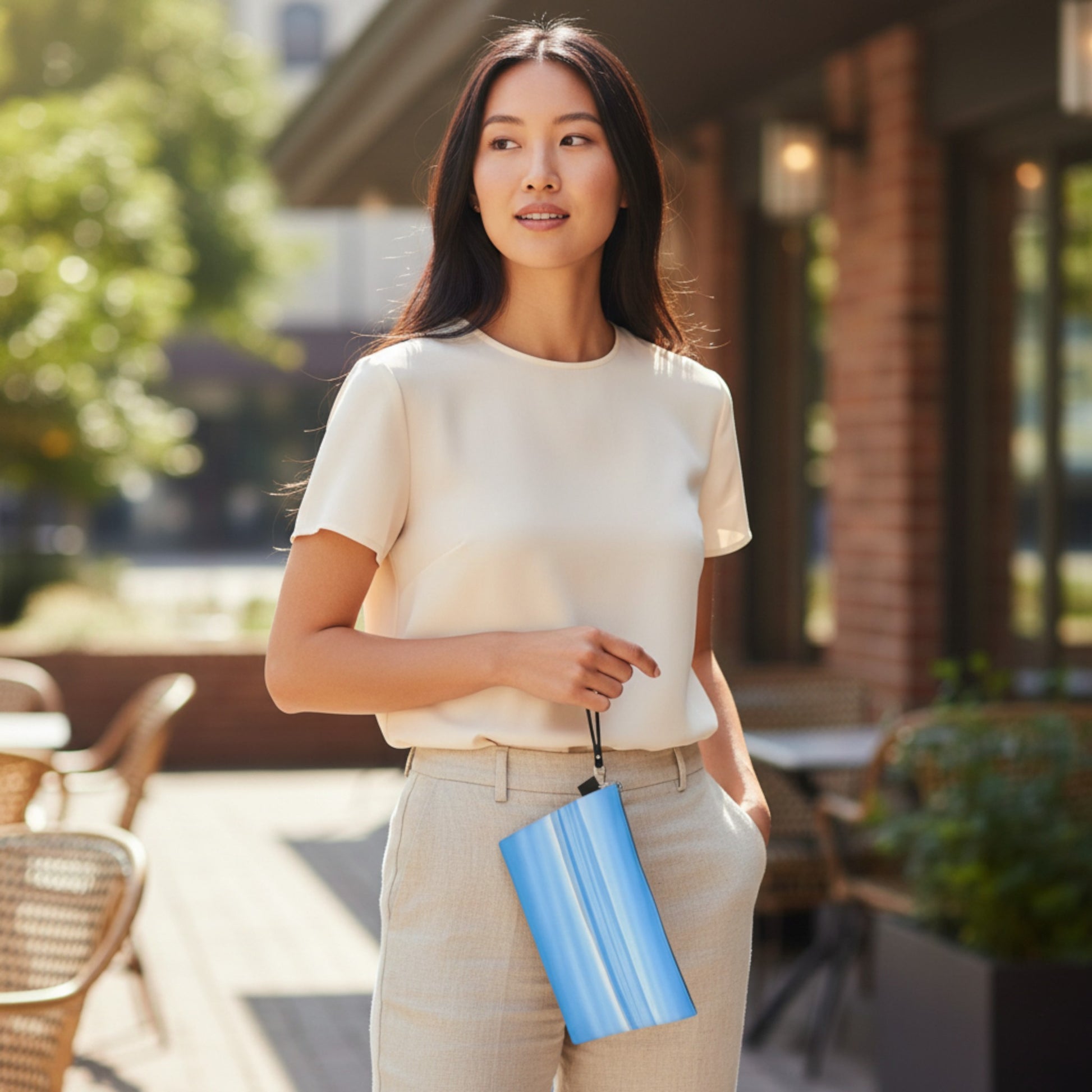 Woman holding a blue travel bag outdoors in a casual setting