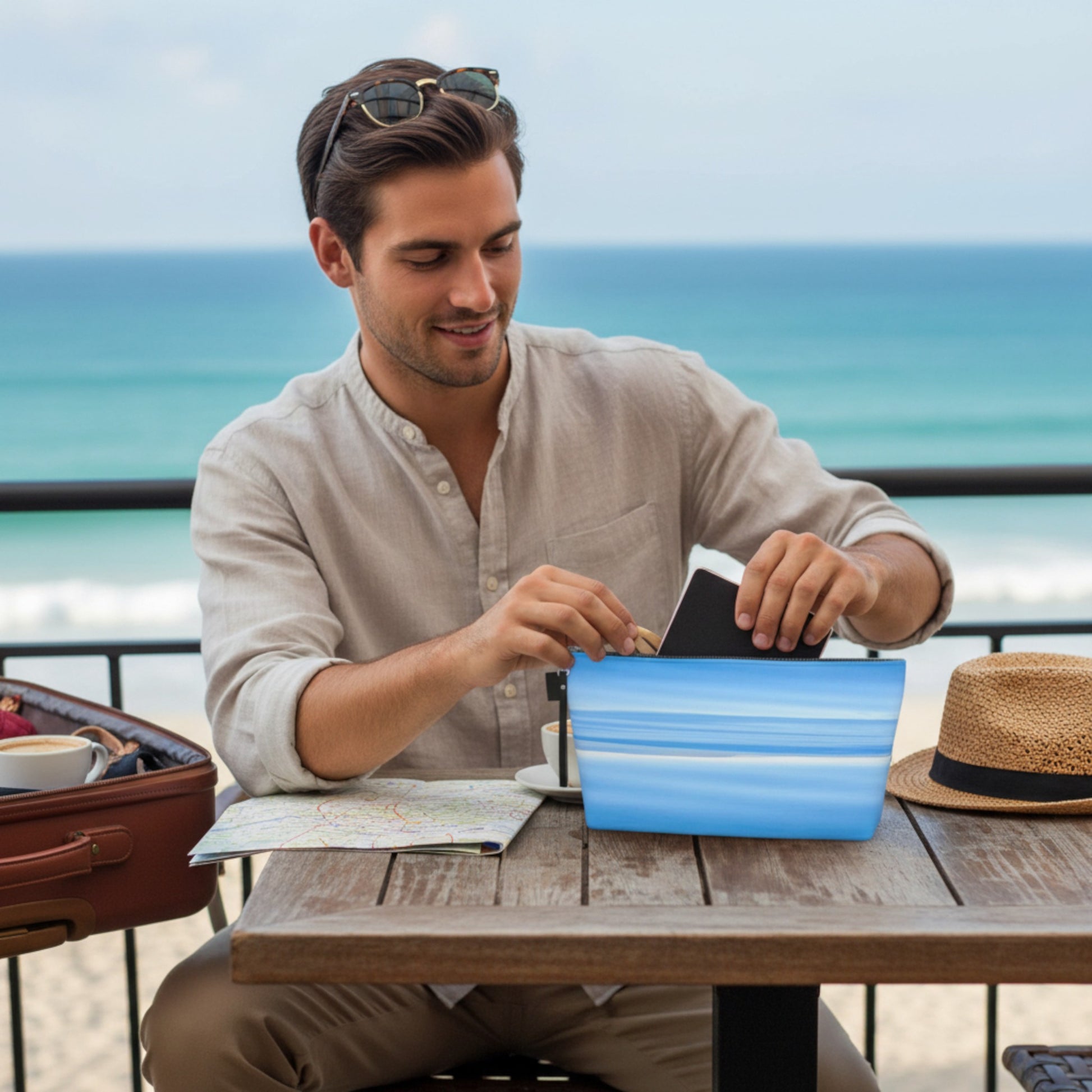 Man sitting at a table by the ocean, using a blue portable device
