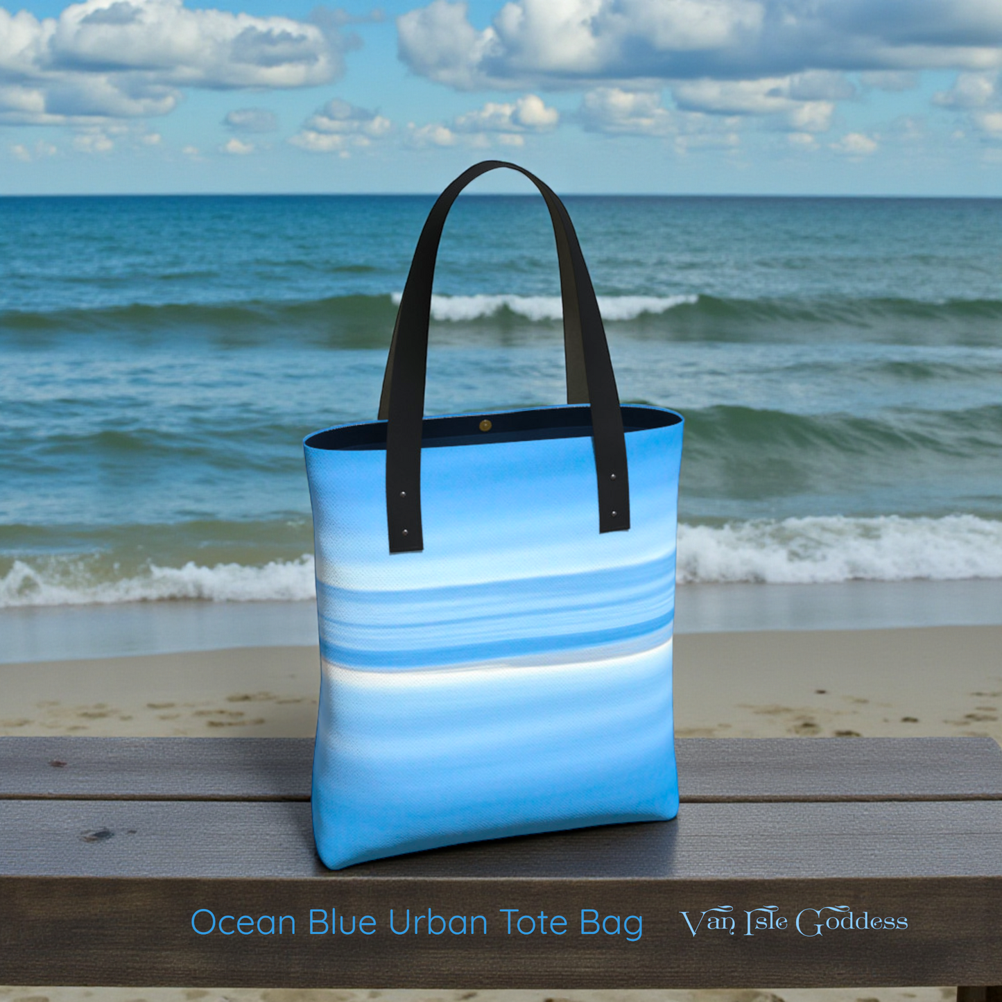 Blue and white striped tote bag on a wooden bench with ocean and sky in the background