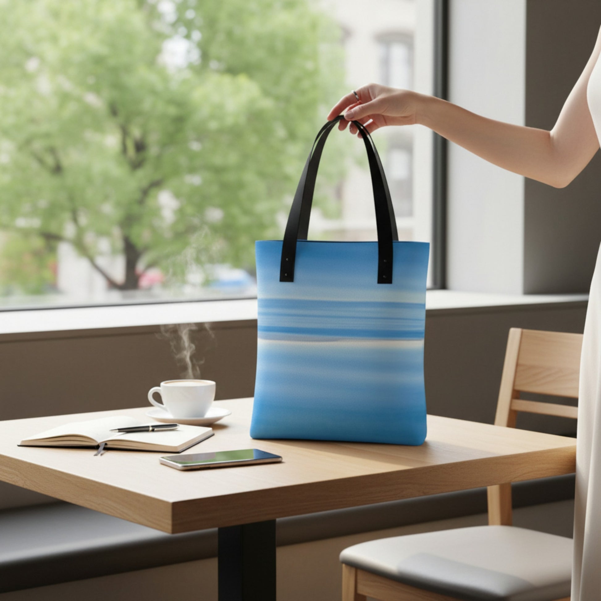 Person holding a blue tote bag with black handles near a table with a cup and book.