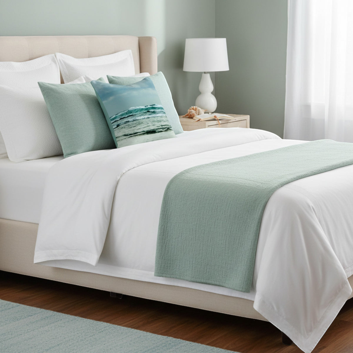 A neatly made bed in a softly lit bedroom, styled with white bedding, a mint green textured throw blanket, two matching mint pillows, and one decorative pillow featuring a blue ocean wave print.