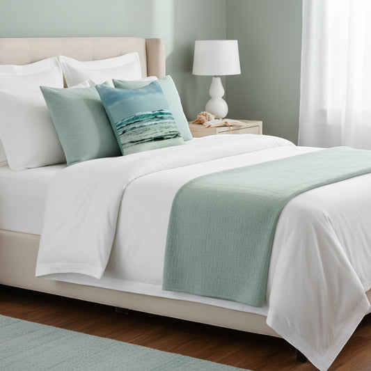 A neatly made bed in a softly lit bedroom, styled with white bedding, a mint green textured throw blanket, two matching mint pillows, and one decorative pillow featuring a blue ocean wave print.