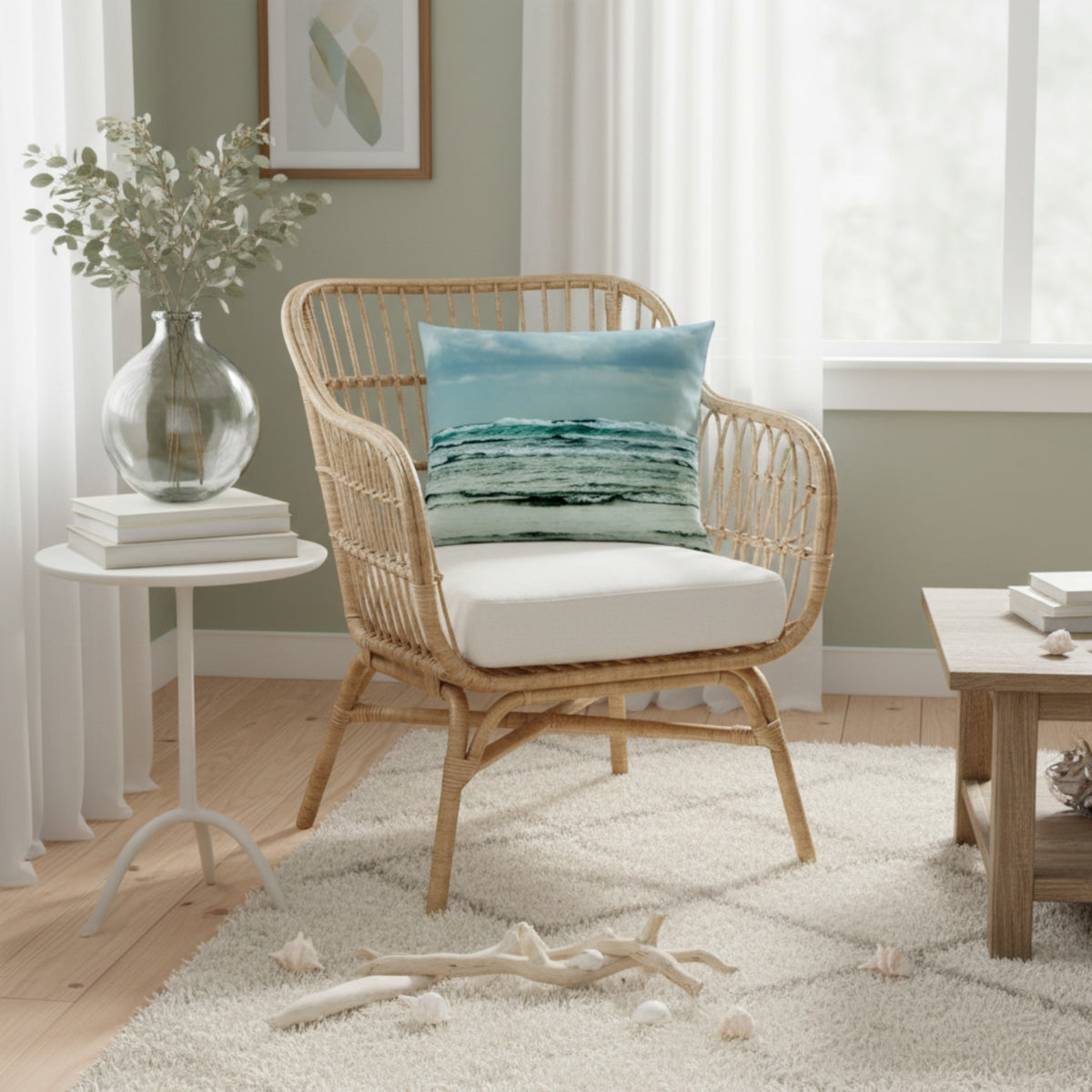 A natural wicker armchair with a white cushion sits in a bright, modern room. A blue and white ocean-patterned throw pillow rests on the chair.