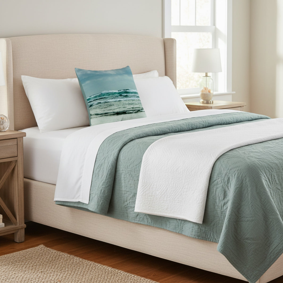 A neatly made bed in a bright bedroom setting, featuring white bedding, a sage green textured throw blanket, a matching pillow, and a decorative blue-and-white ocean print accent pillow. The bed frame is upholstered in a light beige fabric, flanked by wooden nightstands and a window with a lamp.