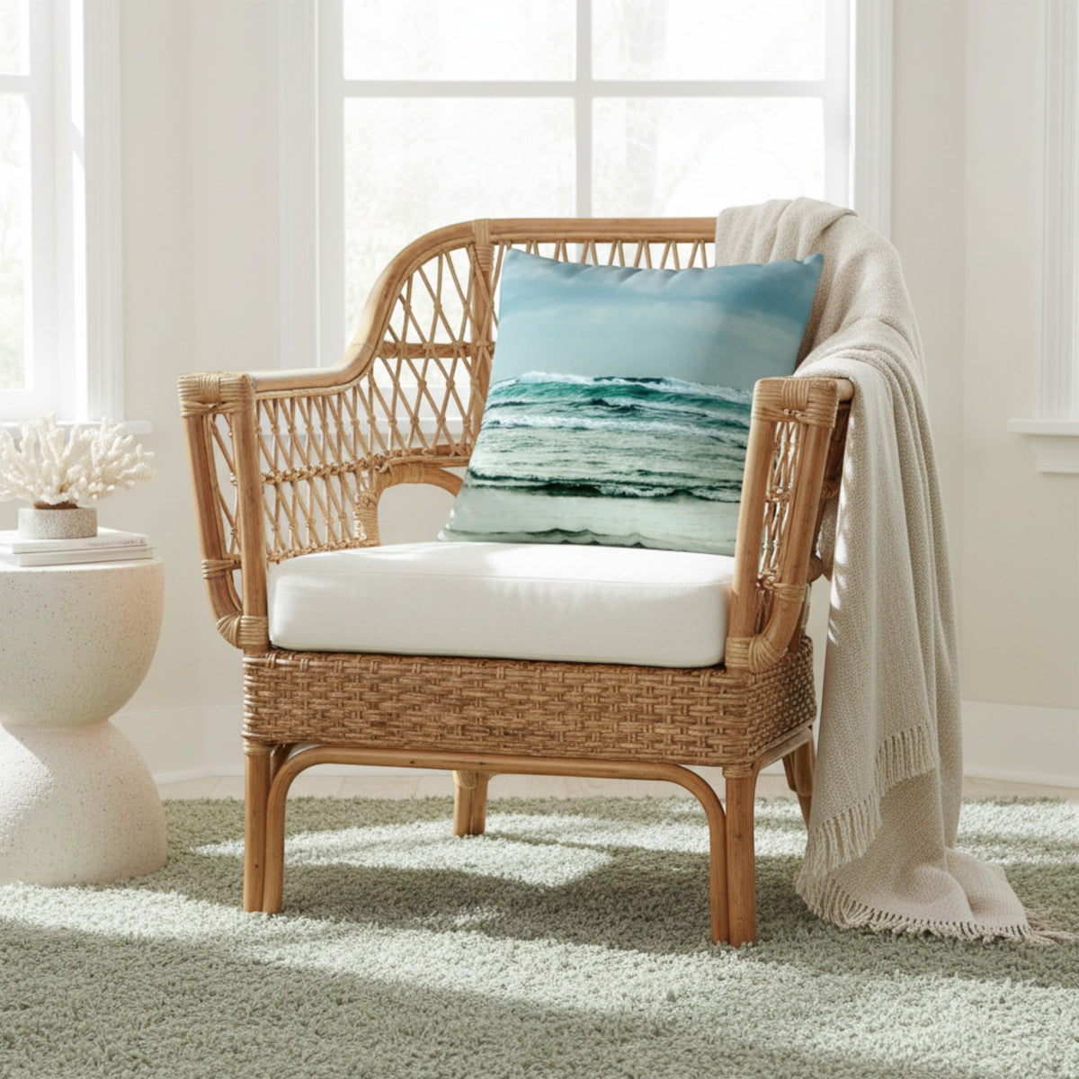 A natural woven rattan armchair with a white seat cushion and a blue ocean wave print throw pillow, styled with a cream throw blanket draped over the back, in a bright, sunlit room.