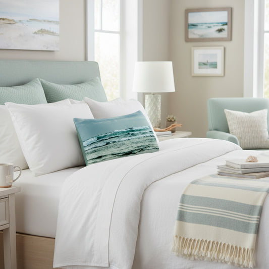 A styled bedroom scene with a bed dressed in white bedding and a decorative rectangular pillow featuring a blue-green ocean wave pattern. The room includes a mint green headboard, a white nightstand, a lamp, framed beach art, and a matching throw blanket.