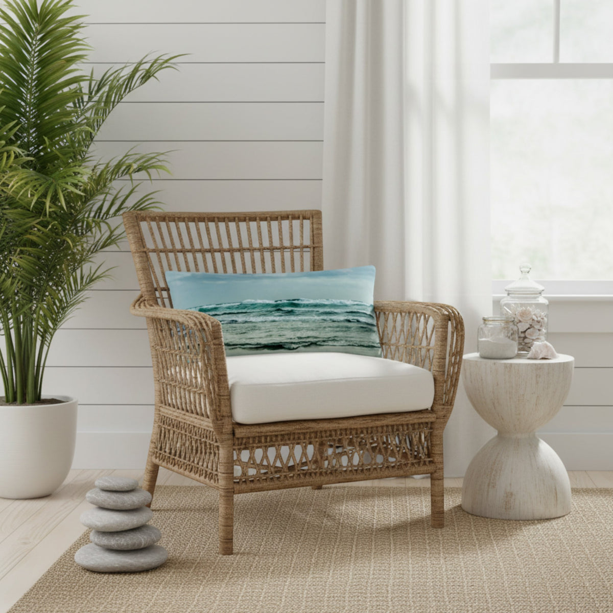 A natural wicker armchair with a white cushion sits in a bright, coastal-style room. A square throw pillow with a blue ocean wave print rests on the chair, alongside a white shiplap wall, a potted palm, and a small white side table.