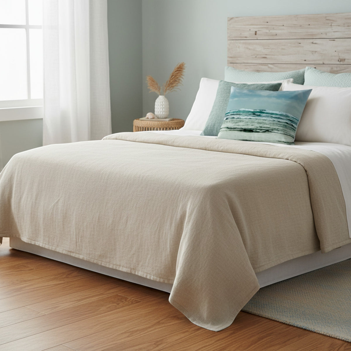 A neatly made bed in a softly lit bedroom, covered with a light beige textured blanket or comforter, white sheets, and several pillows including a blue-and-white ocean print accent pillow. A wooden headboard, window with sheer curtains, and wood floor are visible.