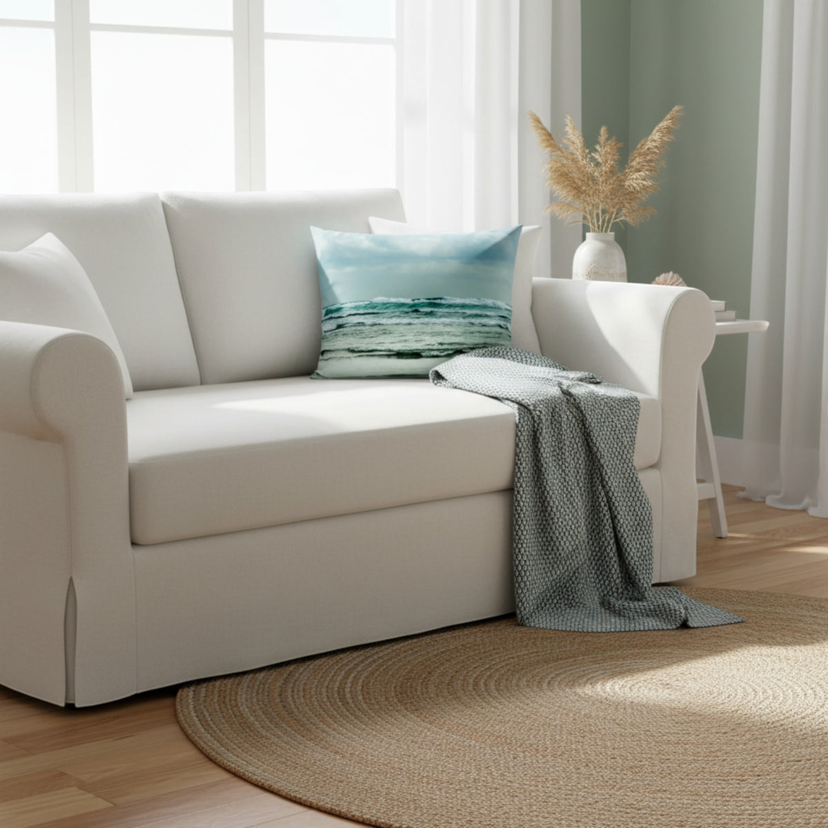 A white upholstered loveseat in a bright living room, styled with a blue ocean-print throw pillow and a draped gray patterned blanket, set on a round woven rug.