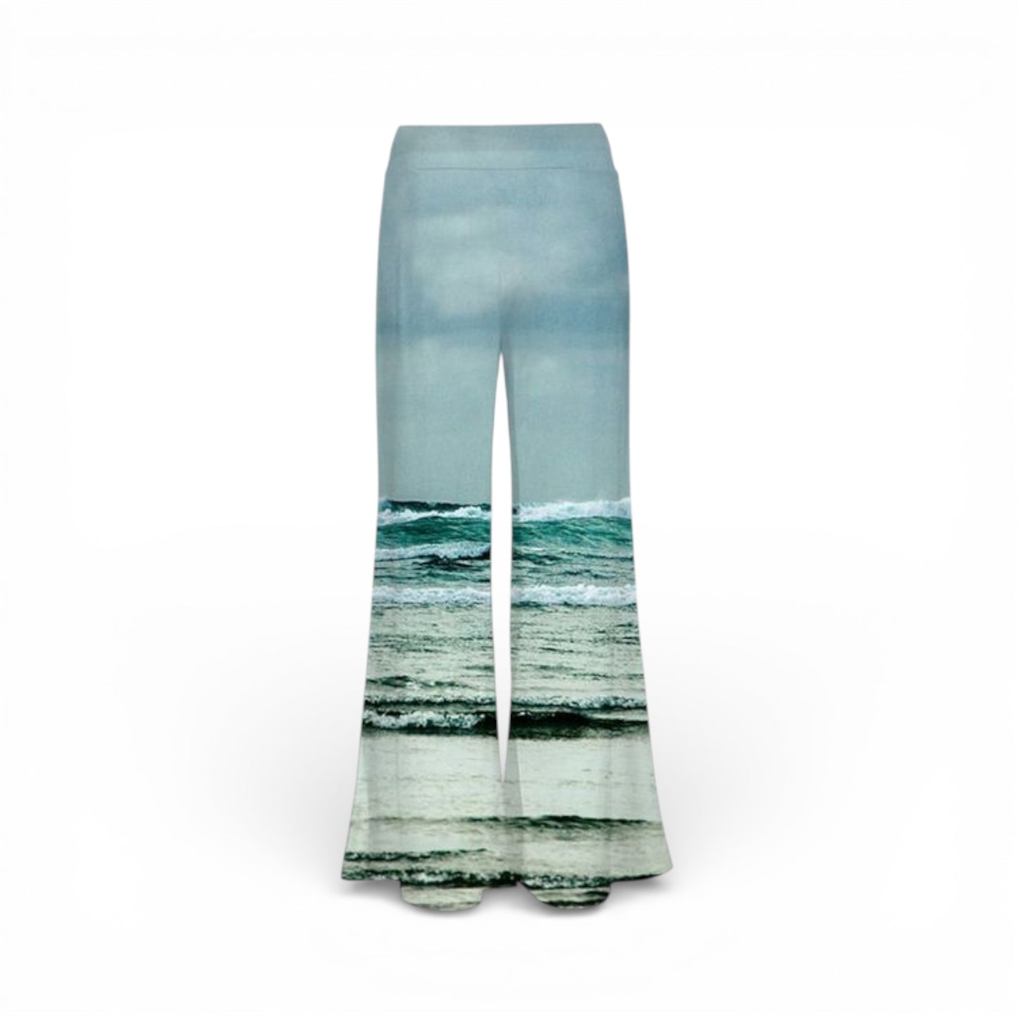 Flared pants with ocean wave design on a white background