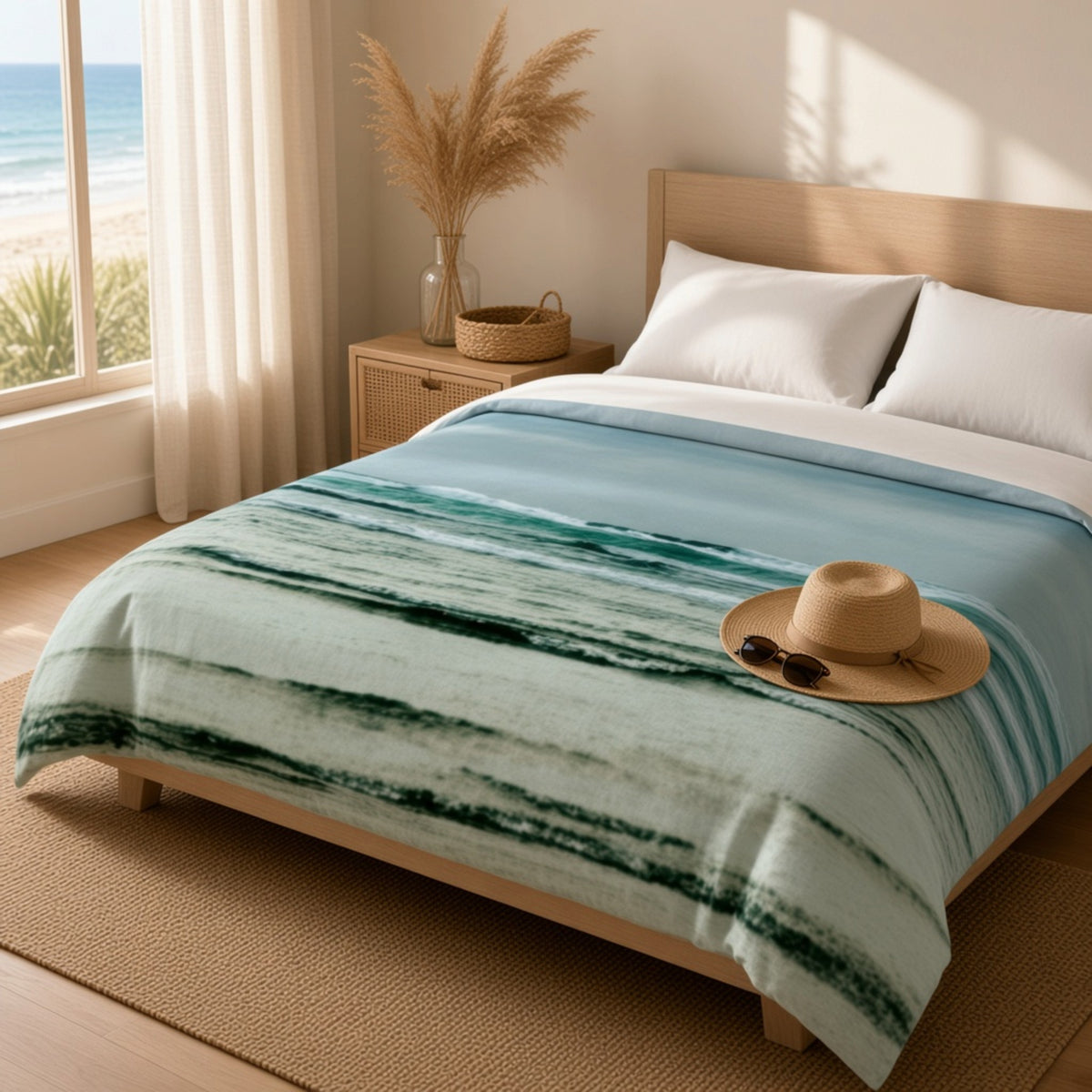 A beach-themed bedding set featuring a light blue and teal watercolor wave print blanket and matching pillow shams on a wooden bed frame, styled in a bright, sunny bedroom with a beach view through the window.